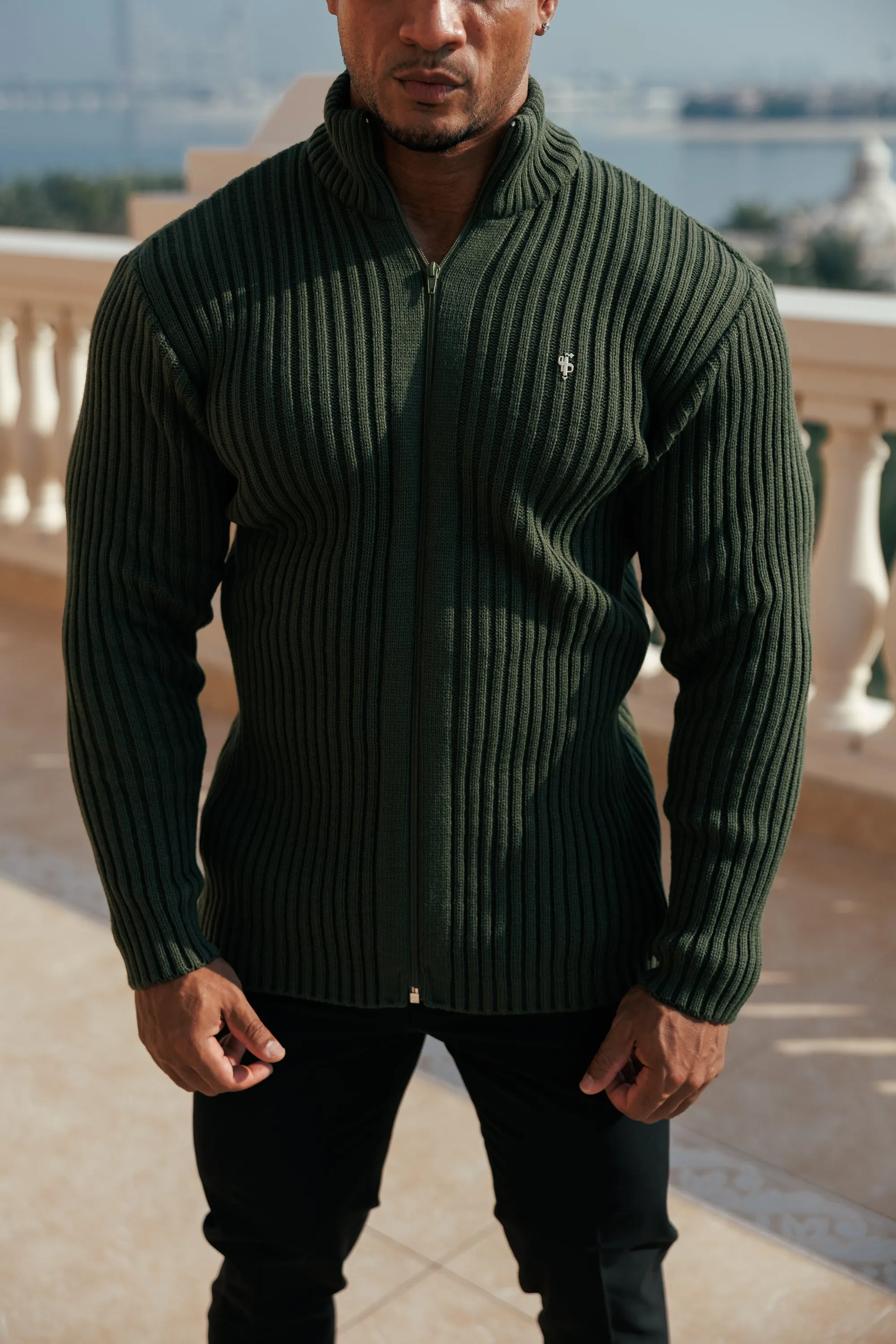 Father Sons Chunky Olive Ribbed Zipped Cardigan with Gold Emblem- FSJ095 sold by Father Sons product image thumbnail 2