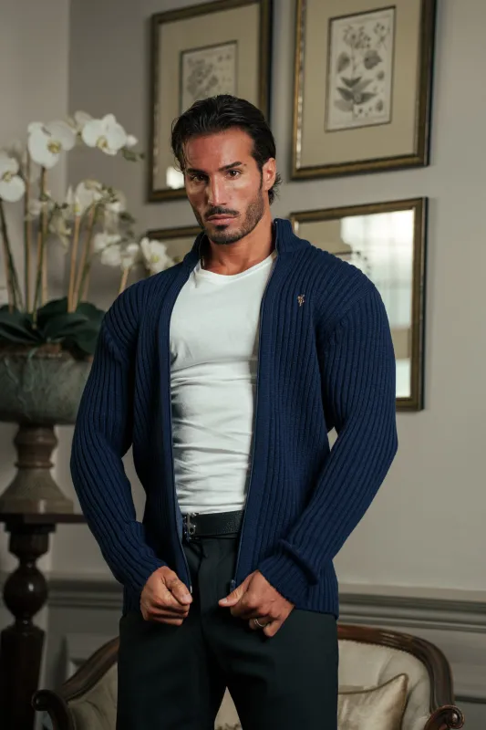 Father Sons Chunky Navy Splash Ribbed Zipped Cardigan with Gold Emblem- FSJ098 sold by Father Sons