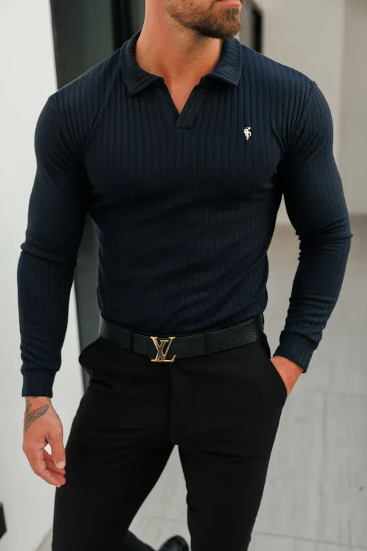 Father Sons Classic Dark Navy / Silver Ribbed Revere Long Sleeve - FSH1428 (PRE ORDER 18TH DECEMBER) sold by Father Sons