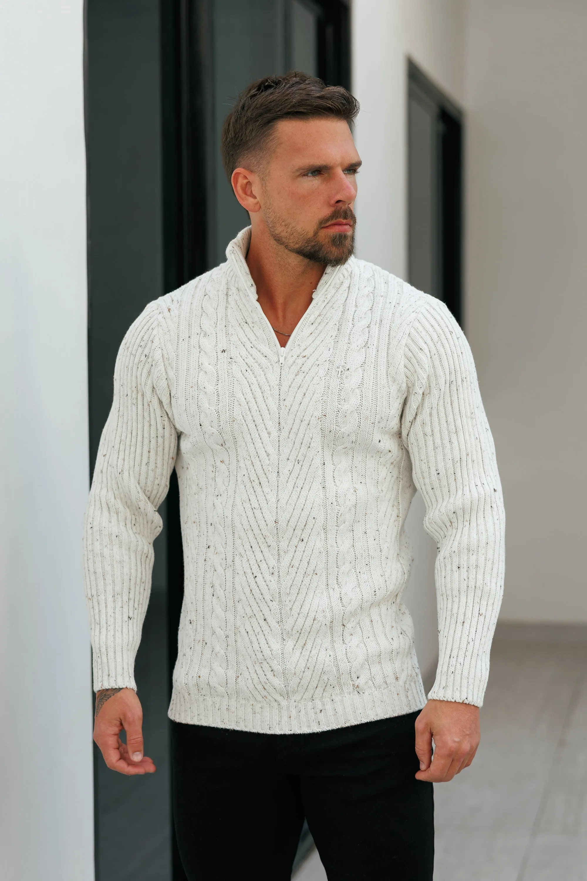 FS Funnel Neck Jumper with Quarter Zip Beige Fleck - FSJ156 (PRE ORDER 13TH JANUARY) sold by Father Sons product image thumbnail 2