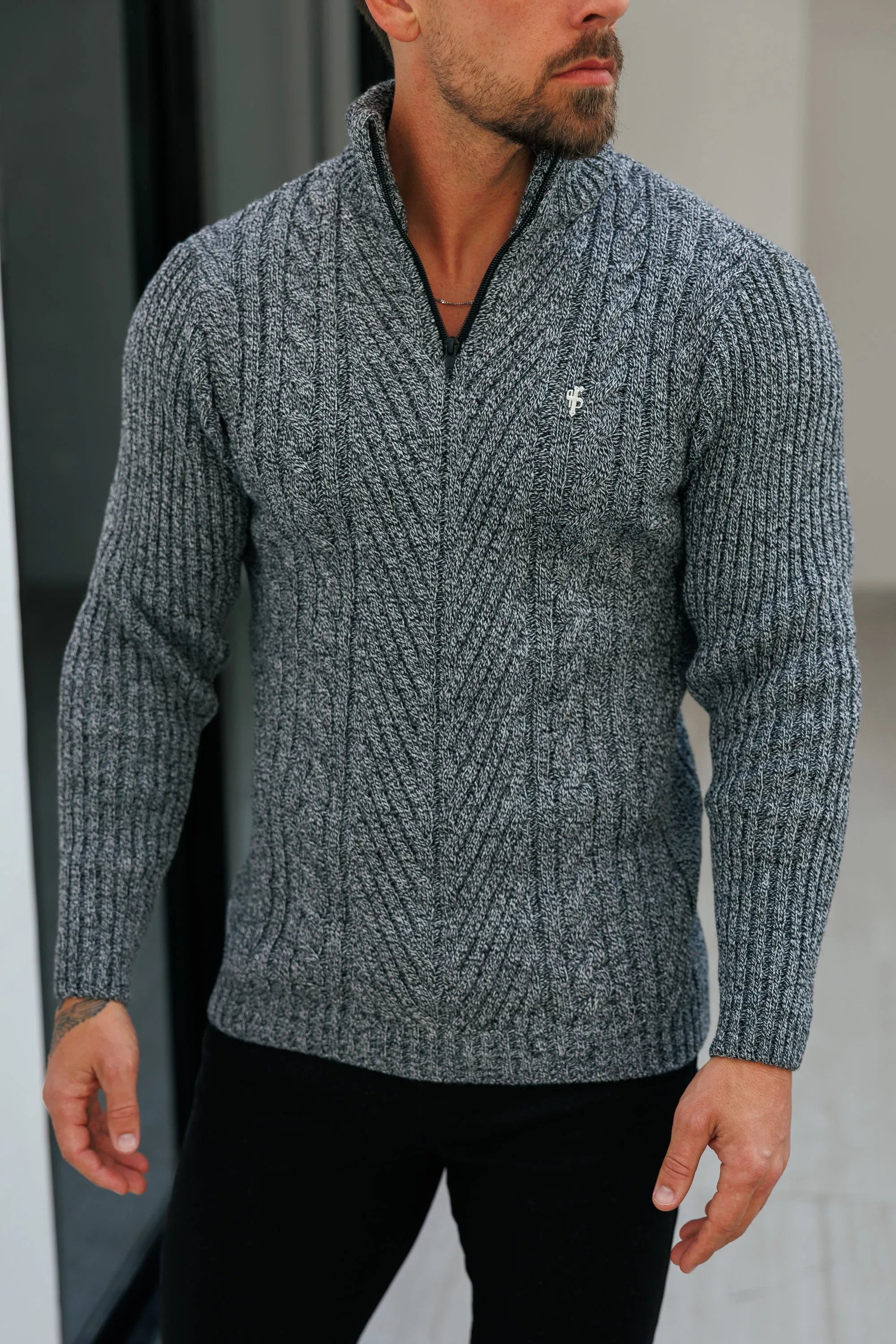 FS Funnel Neck Jumper with Quarter Zip Black / White Two Tone - FSJ154 (PRE ORDER 13TH JANUARY) sold by Father Sons product image thumbnail 2