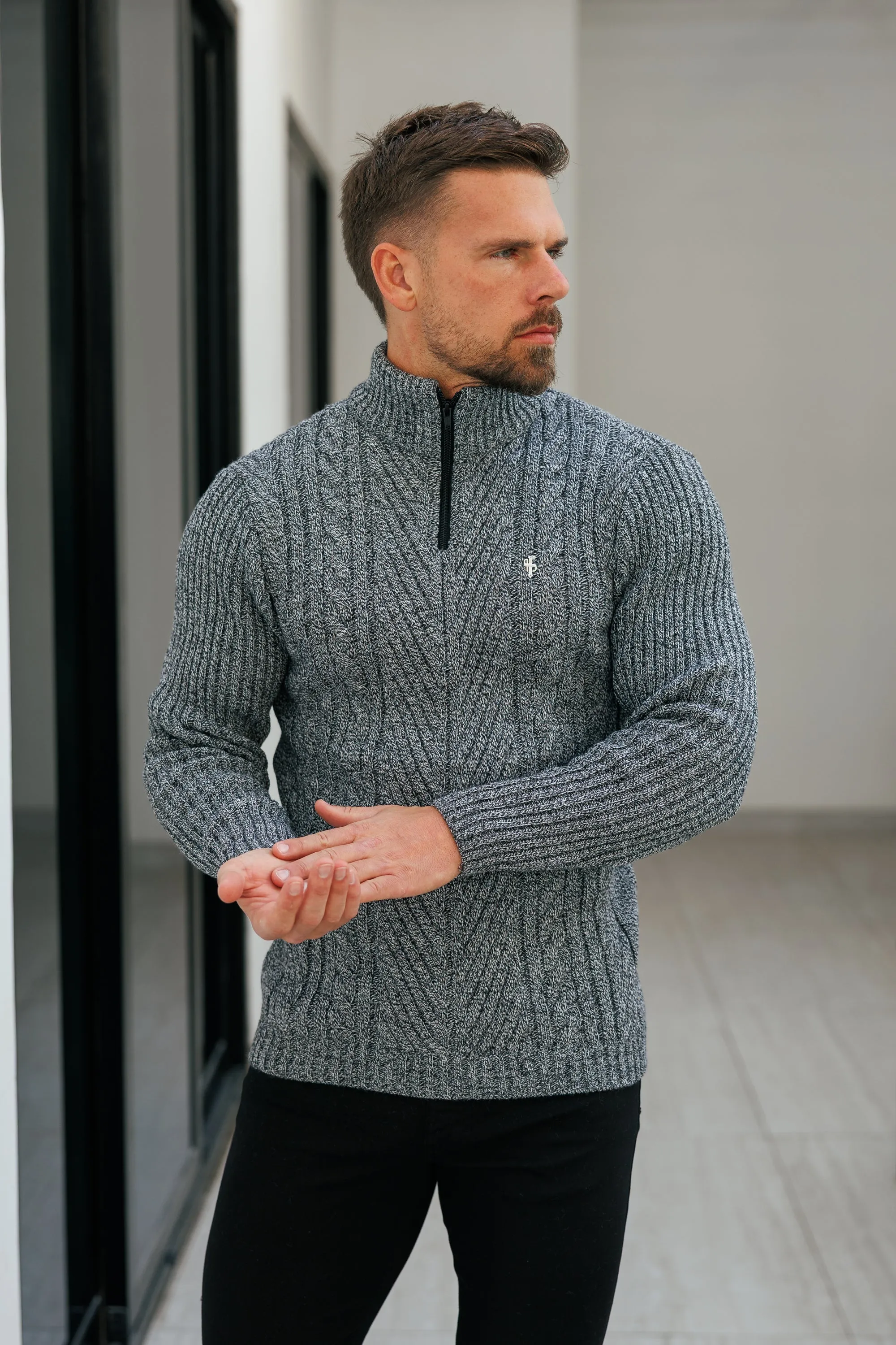 FS Funnel Neck Jumper with Quarter Zip Black / White Two Tone - FSJ154 (PRE ORDER 13TH JANUARY) sold by Father Sons product image thumbnail 3