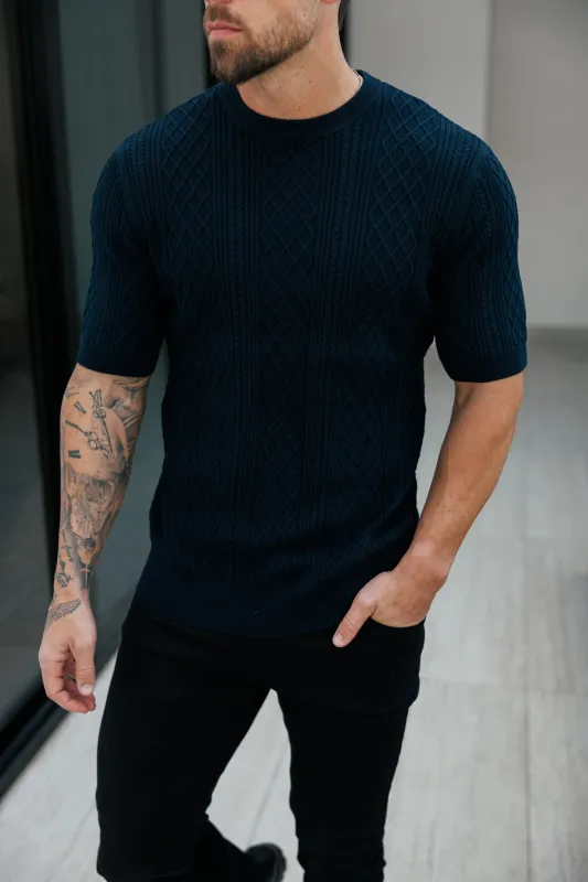 Fine Knit Diamond Navy Jumper Short Sleeve - FSA011 made by Father Sons