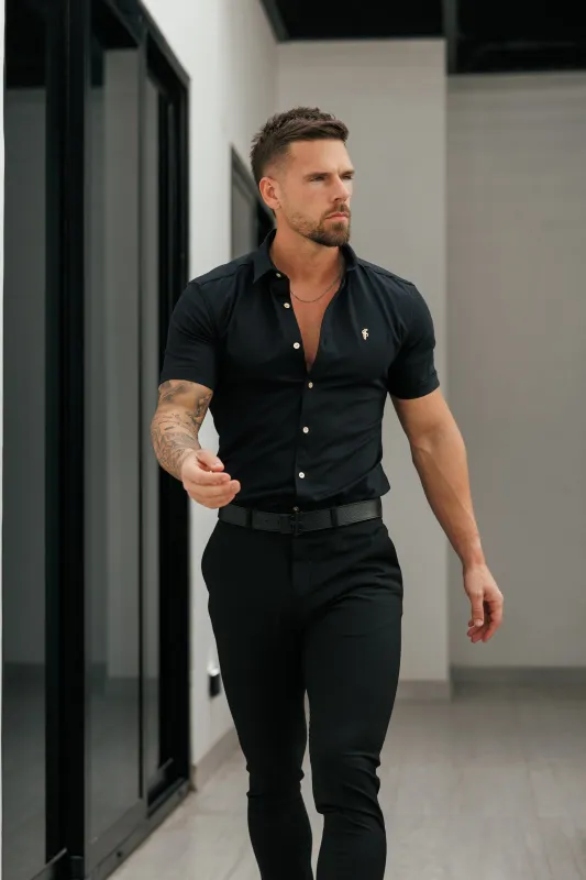 Super Slim Stretch Black Denim Short Sleeve with Gold Metal Decal and Buttons - FS1237 sold by Father Sons