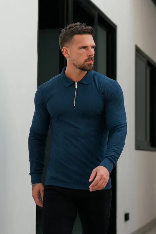 Classic Jacquard Navy Chevron Zipped Polo Long Sleeve - FSR045 sold by Father Sons