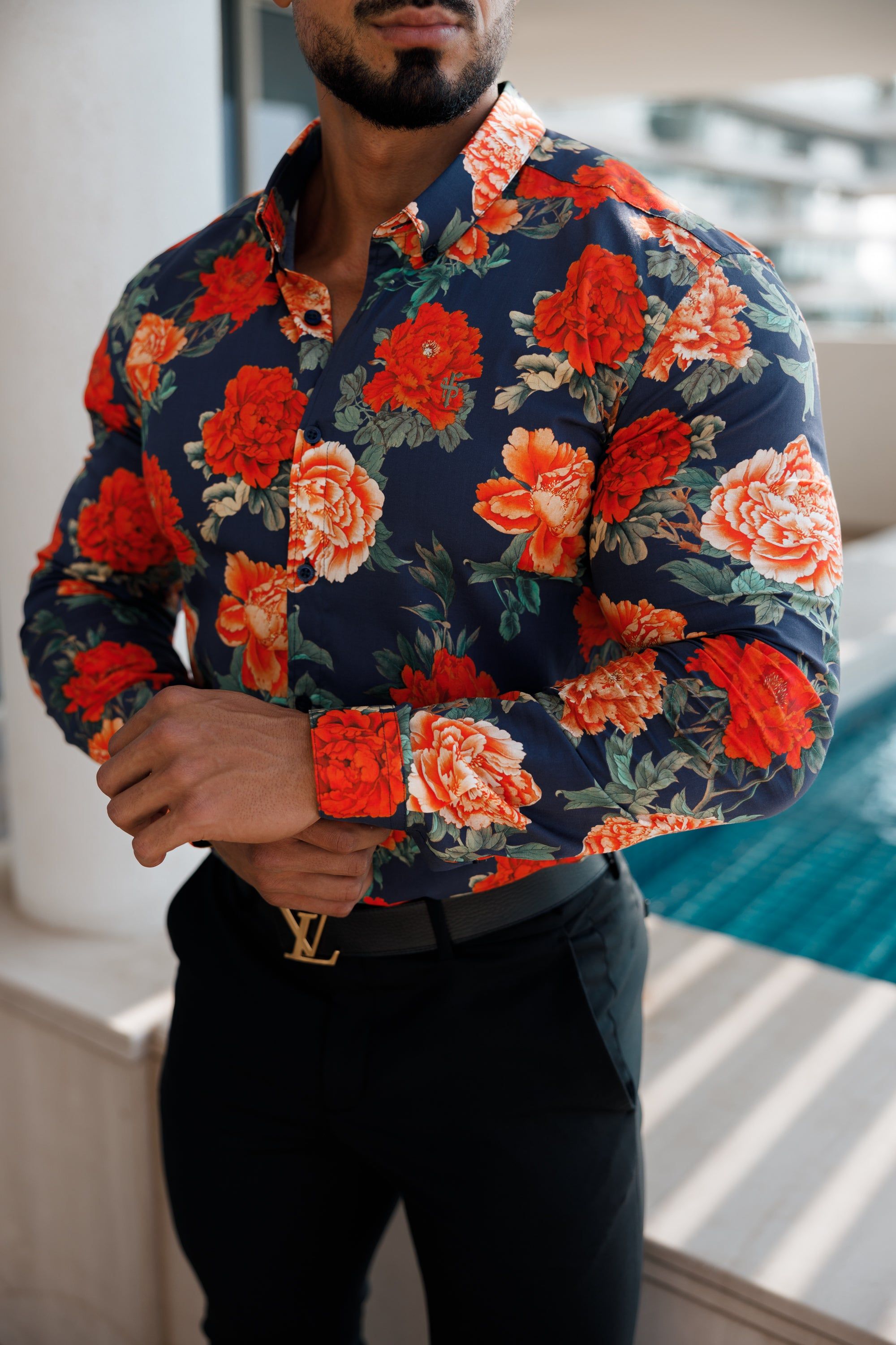 Father Sons Super Slim Stretch Navy and Red Floral Print Long Sleeve with Button Down Collar - FS840 sold by Father Sons product image thumbnail 3