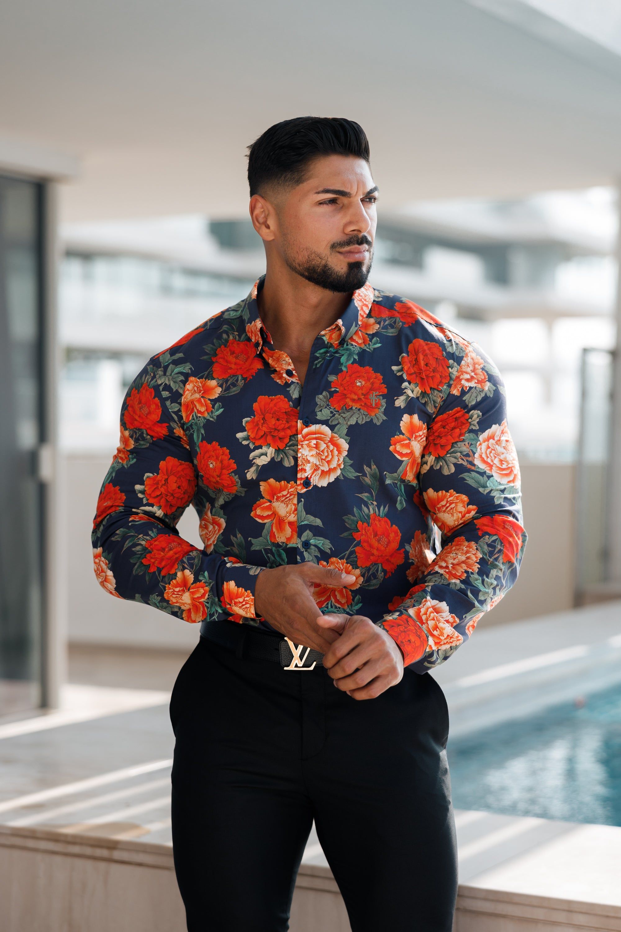 Father Sons Super Slim Stretch Navy and Red Floral Print Long Sleeve with Button Down Collar - FS840 sold by Father Sons product image thumbnail 2