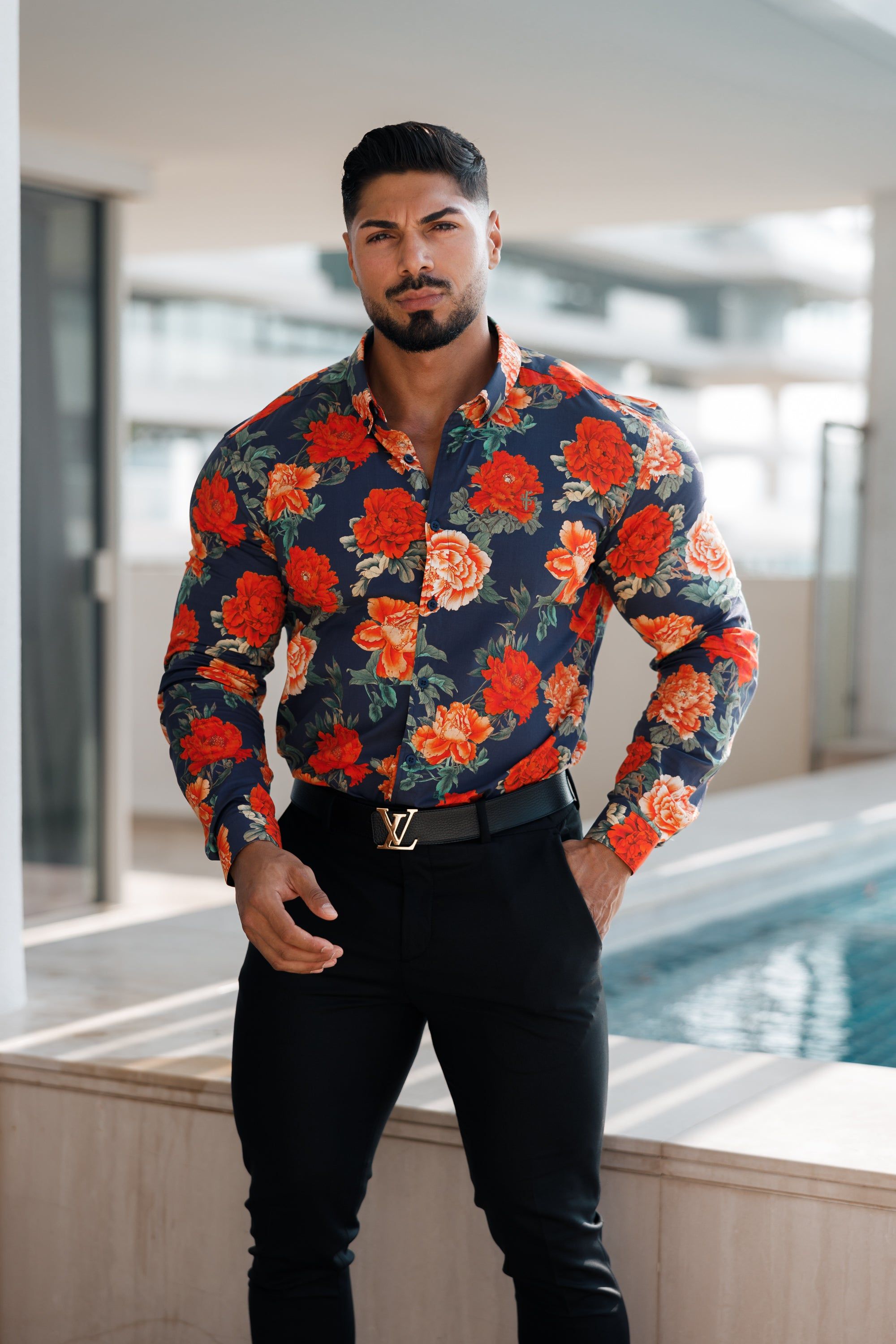 Father Sons Super Slim Stretch Navy and Red Floral Print Long Sleeve with Button Down Collar - FS840 sold by Father Sons product image thumbnail 4