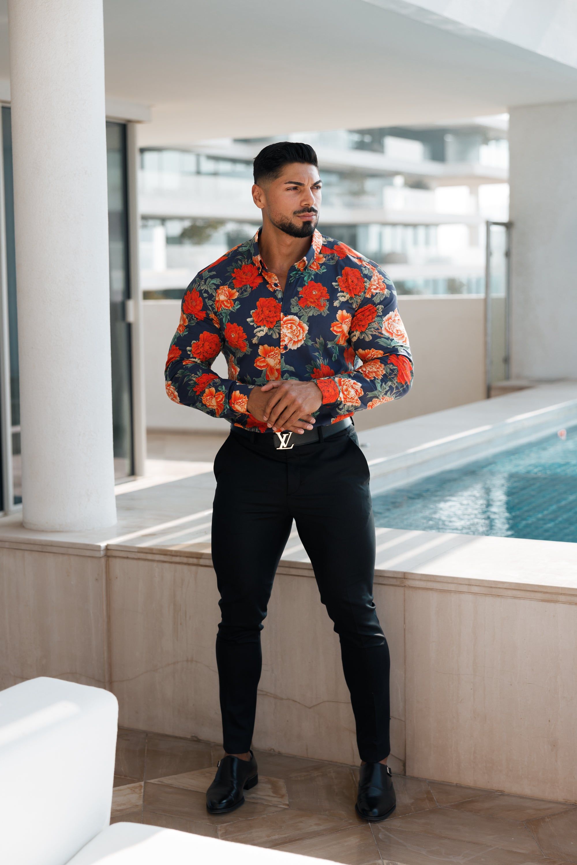 Father Sons Super Slim Stretch Navy and Red Floral Print Long Sleeve with Button Down Collar - FS840 sold by Father Sons product image thumbnail 5