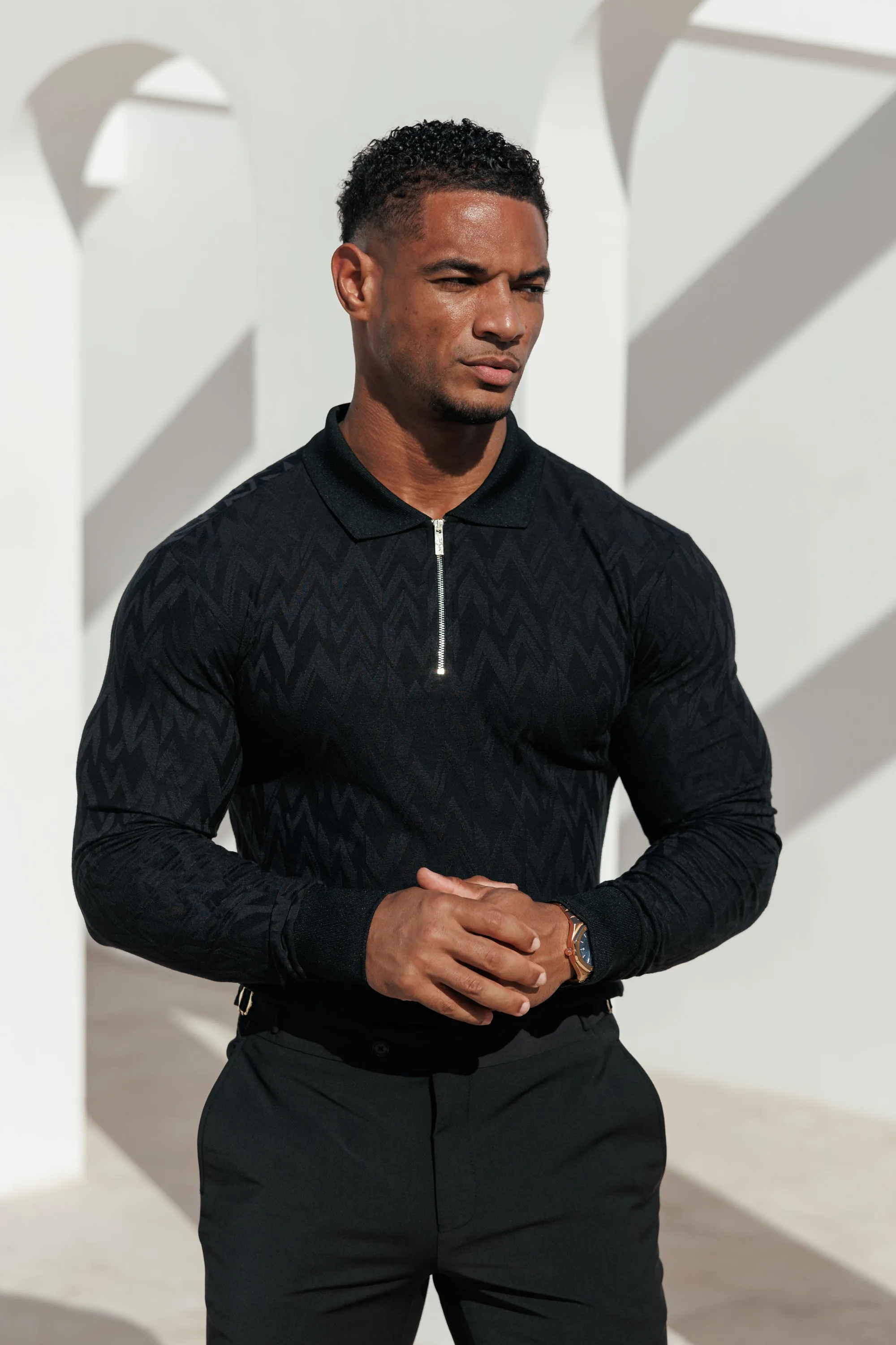 Classic Jacquard Black Chevron Zipped Polo Long Sleeve - FSR043 sold by Father Sons product image thumbnail 2