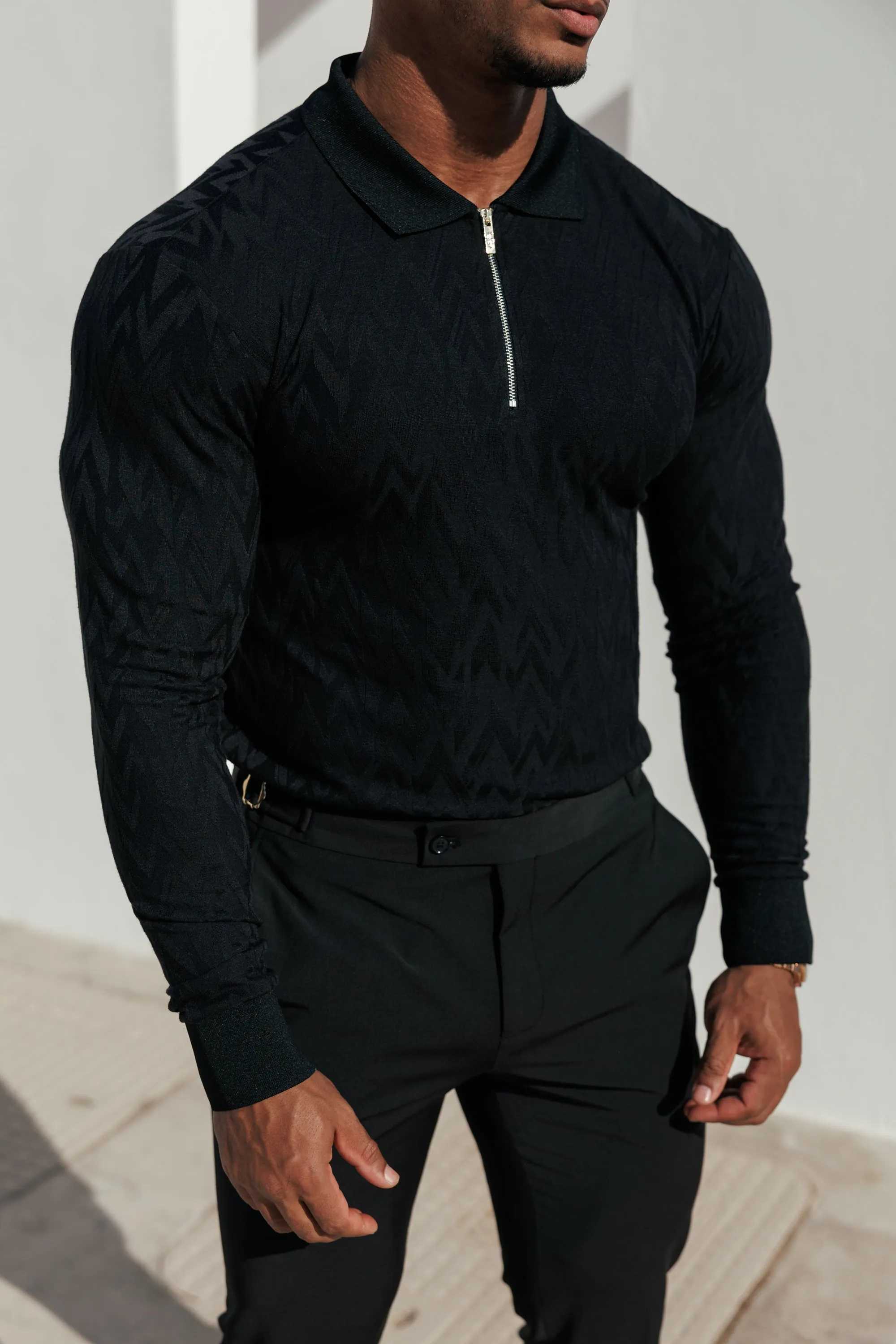 Classic Jacquard Black Chevron Zipped Polo Long Sleeve - FSR043 sold by Father Sons