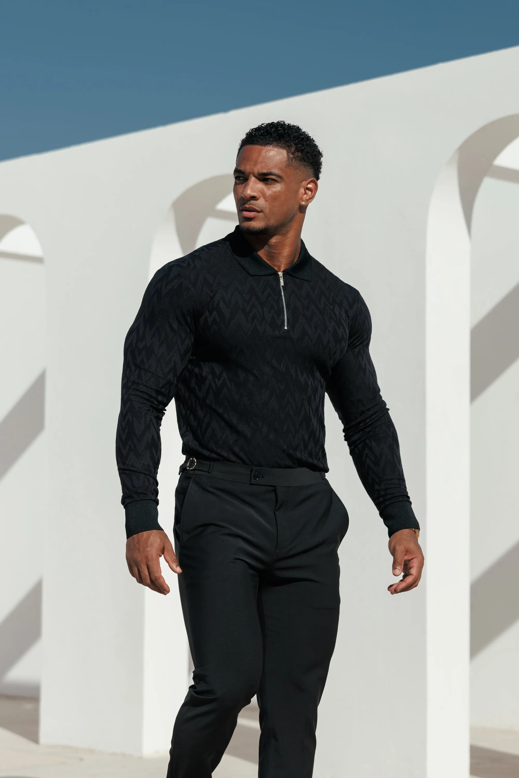 Classic Jacquard Black Chevron Zipped Polo Long Sleeve - FSR043 sold by Father Sons product image thumbnail 4