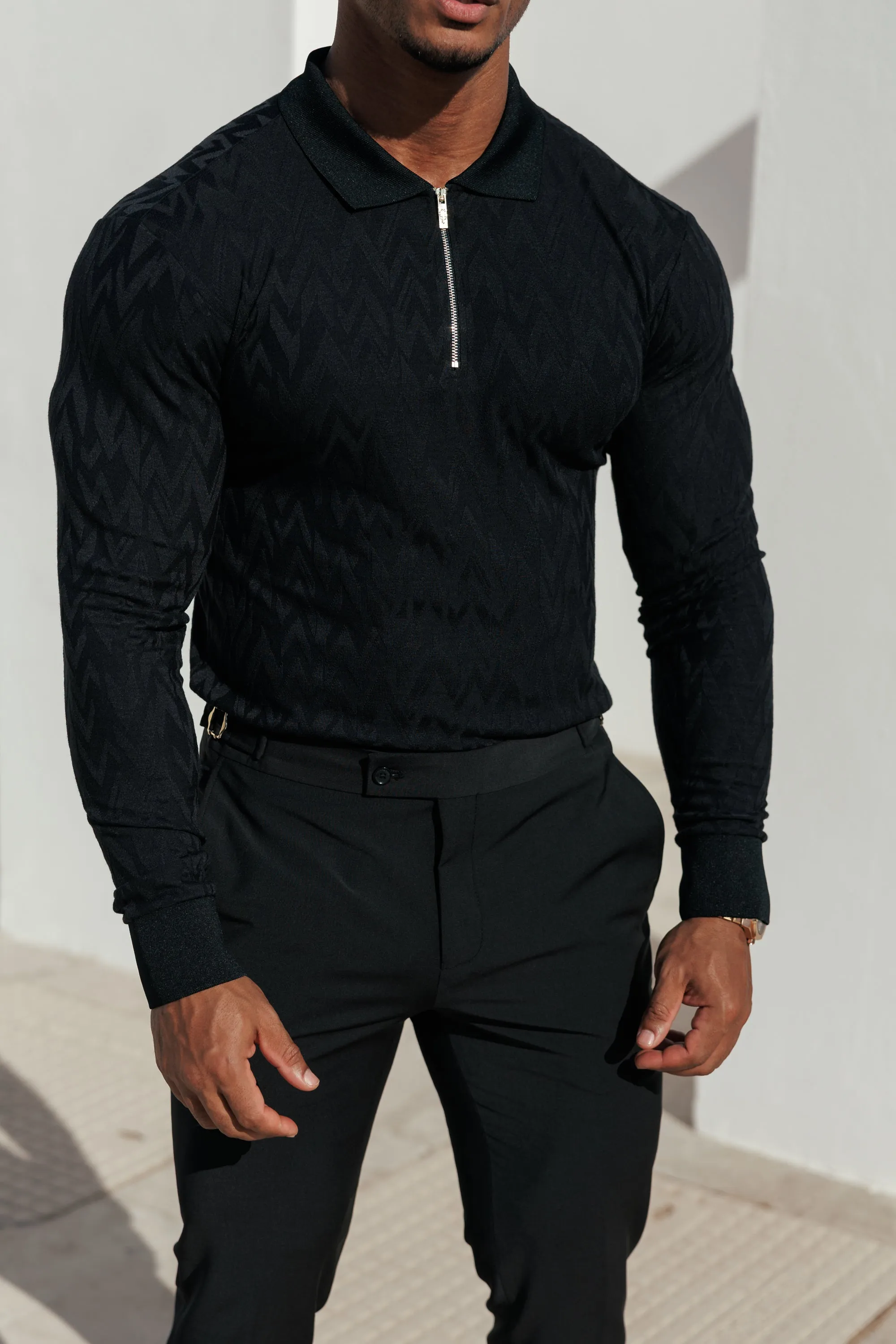 Classic Jacquard Black Chevron Zipped Polo Long Sleeve - FSR043 sold by Father Sons product image thumbnail 5