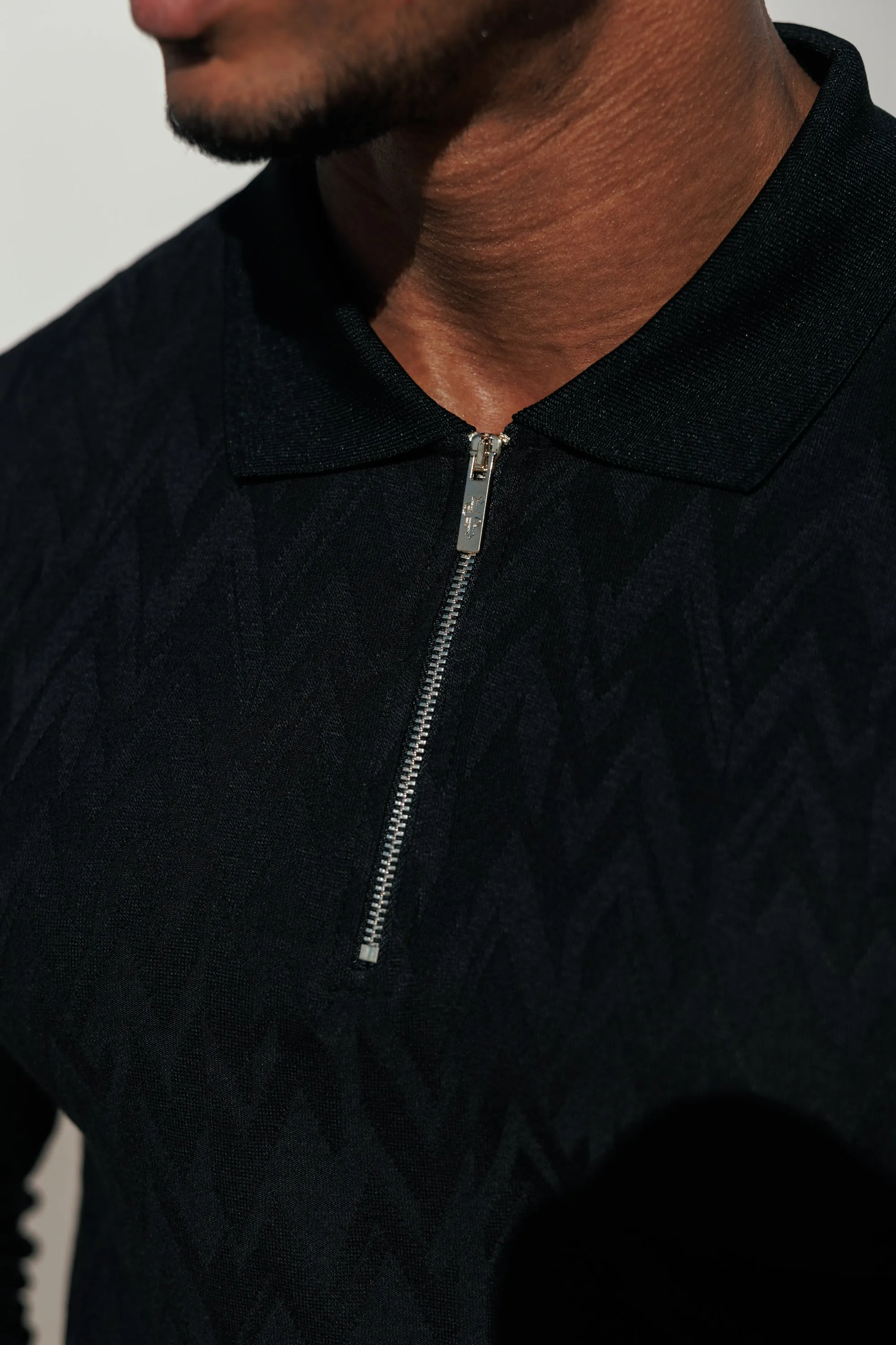 Classic Jacquard Black Chevron Zipped Polo Long Sleeve - FSR043 sold by Father Sons product image thumbnail 3