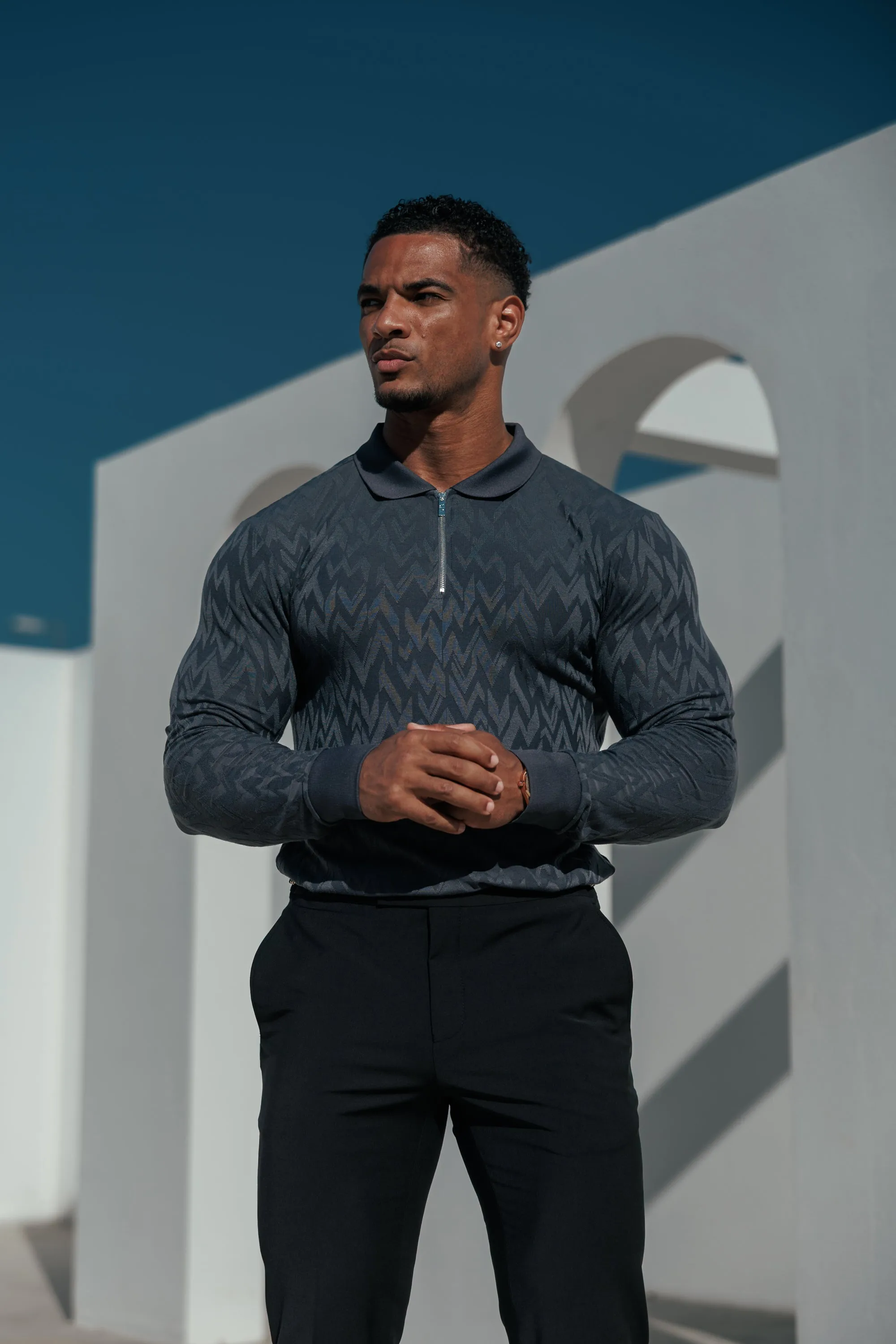 Classic Jacquard Charcoal Chevron Zipped Polo Long Sleeve - FSR044 sold by Father Sons product image thumbnail 3