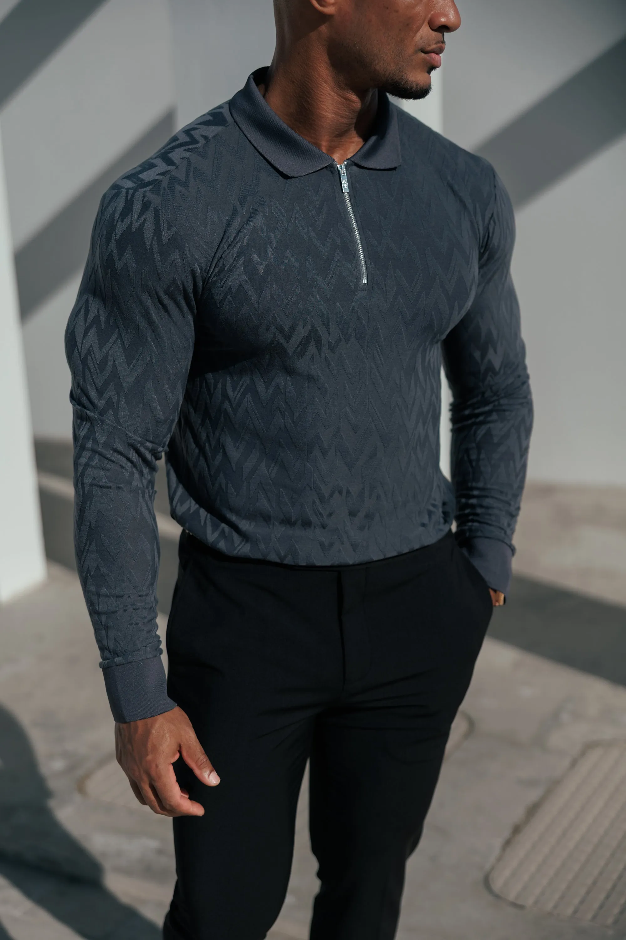 Classic Jacquard Charcoal Chevron Zipped Polo Long Sleeve - FSR044 sold by Father Sons product image thumbnail 2