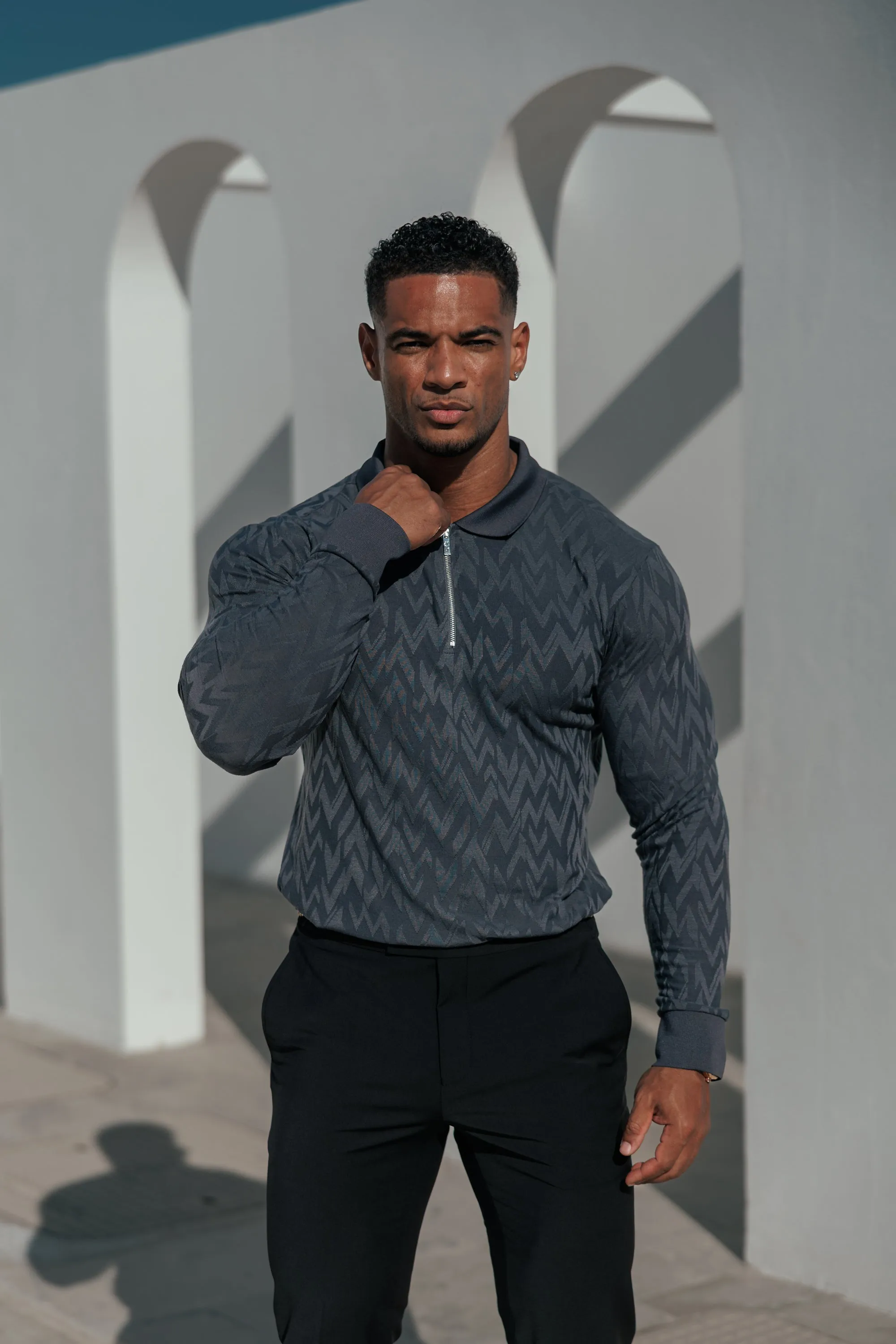Classic Jacquard Charcoal Chevron Zipped Polo Long Sleeve - FSR044 sold by Father Sons product image thumbnail 5