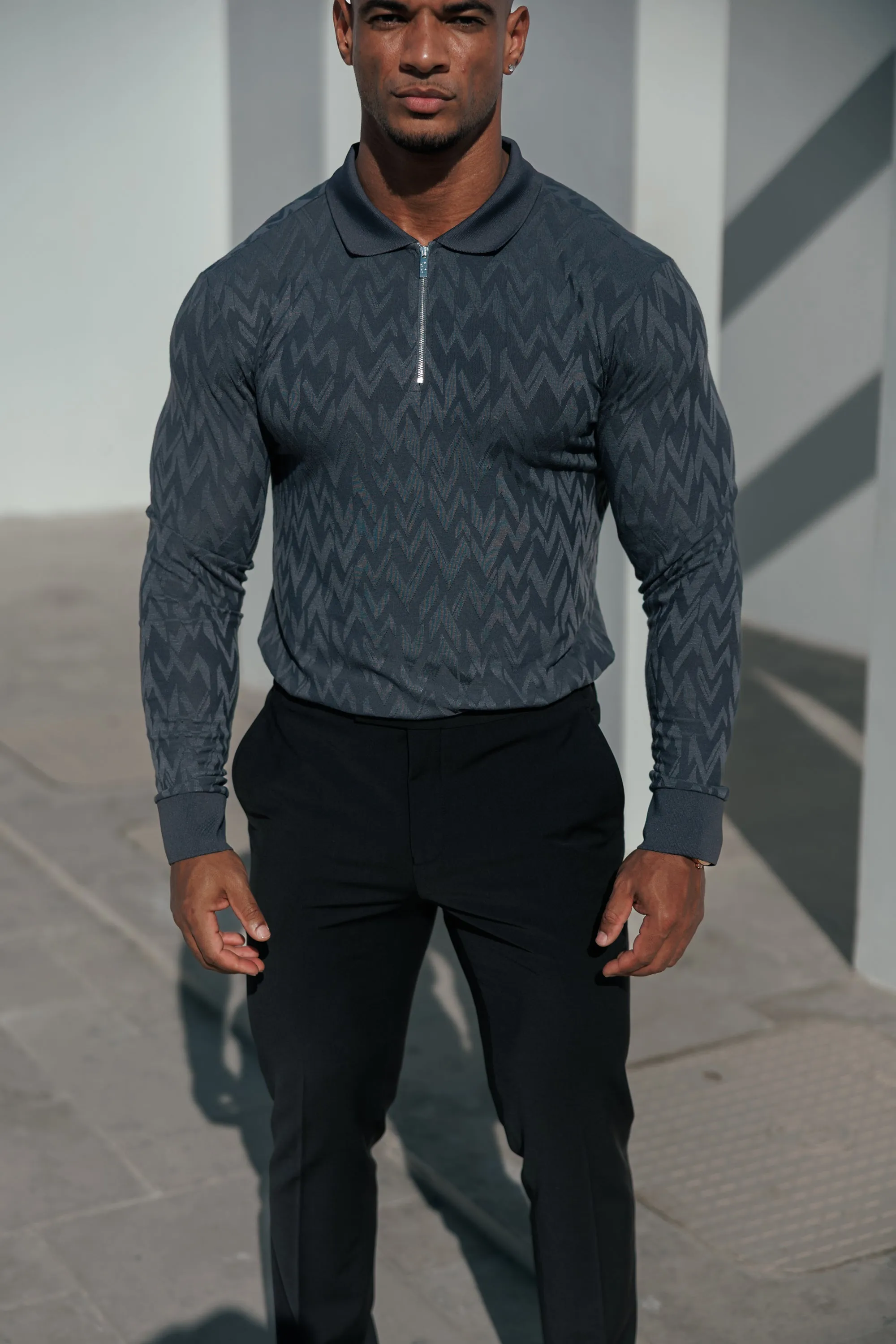 Classic Jacquard Charcoal Chevron Zipped Polo Long Sleeve - FSR044 sold by Father Sons product image thumbnail 4