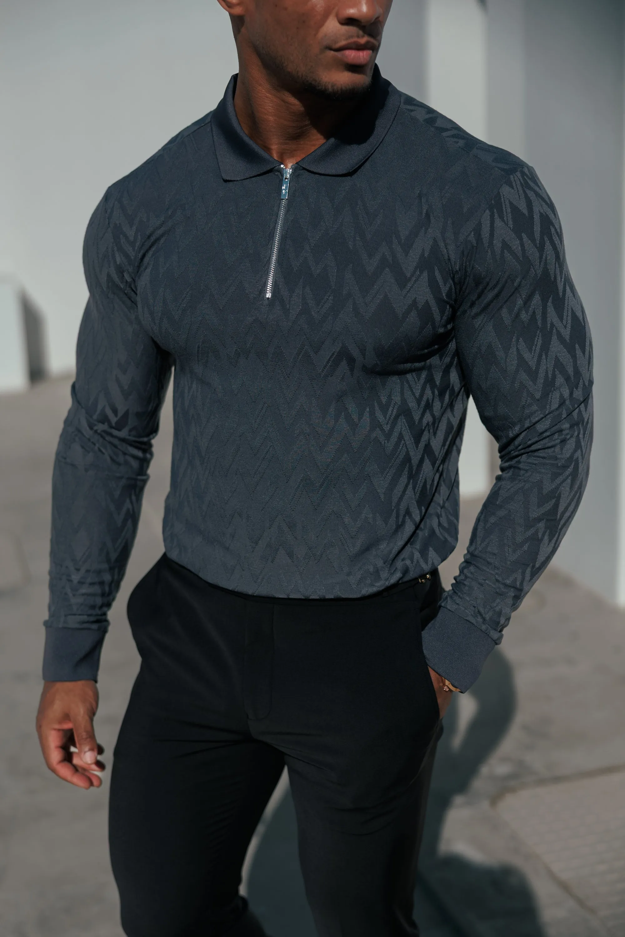 Classic Jacquard Black Chevron Zipped Polo Long Sleeve - FSR043 sold by Father Sons product image thumbnail 2