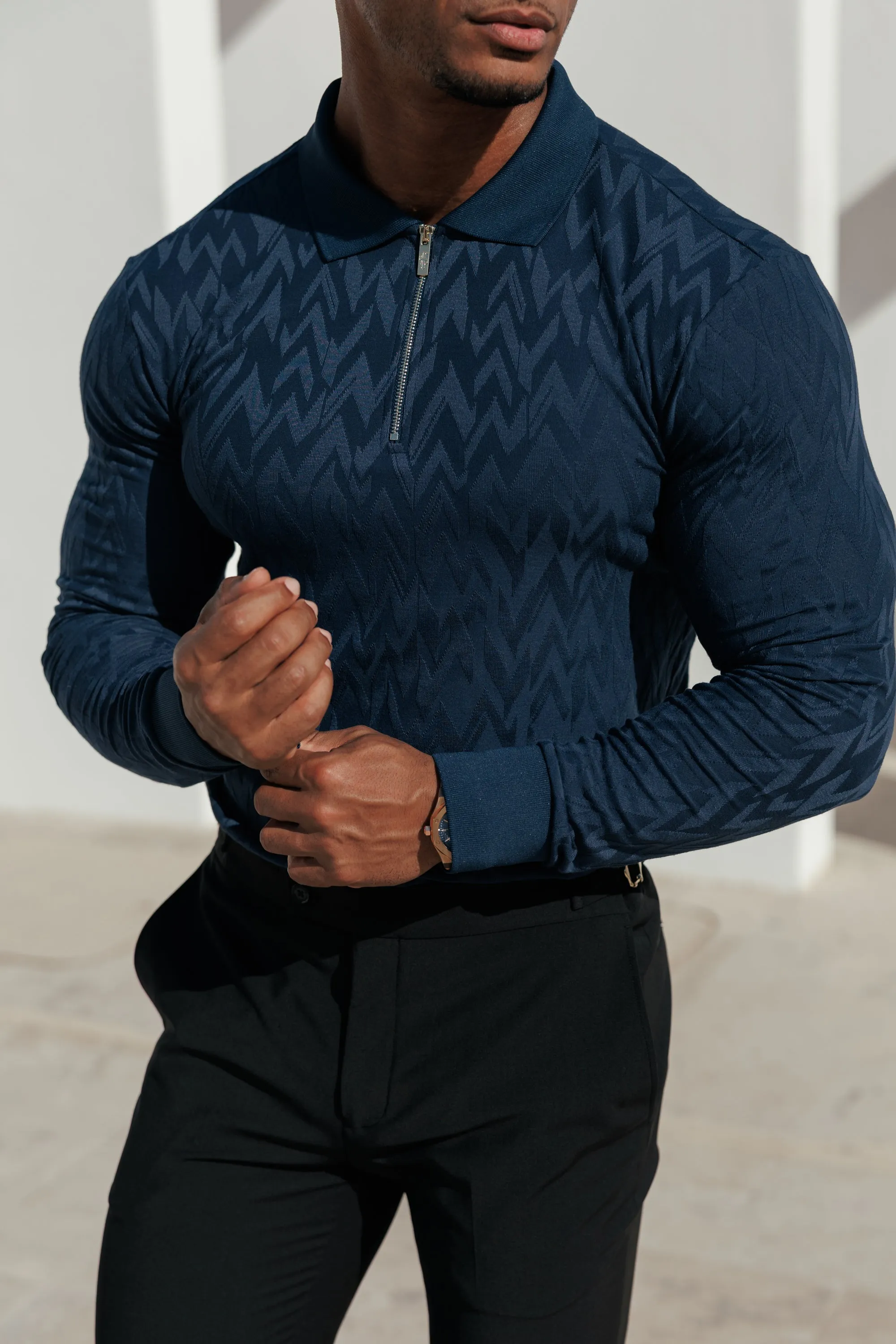 Classic Jacquard Black Chevron Zipped Polo Long Sleeve - FSR043 sold by Father Sons product image thumbnail 3
