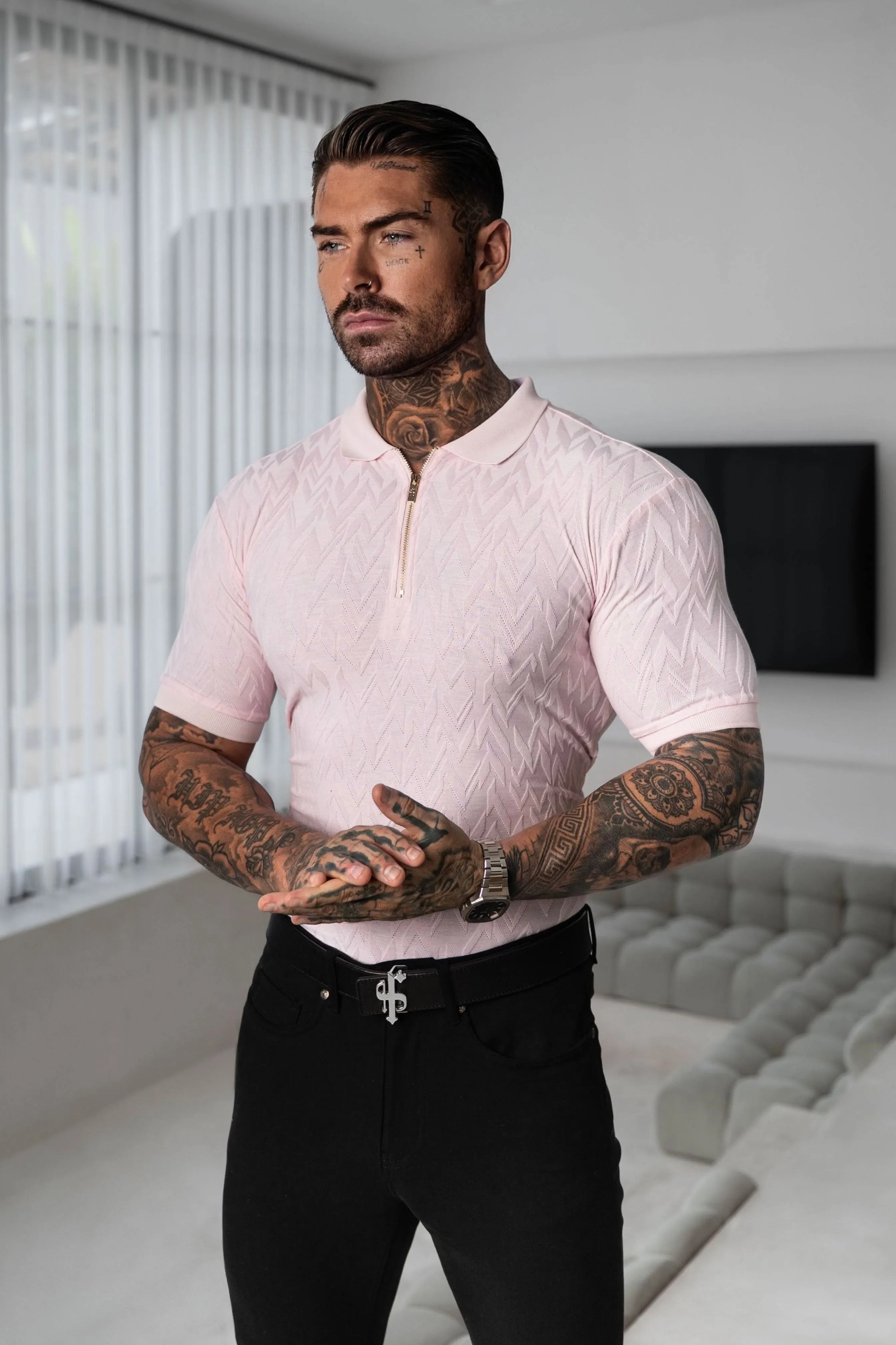 Classic Jacquard Beige Chevron Zipped Polo - FSR023 sold by Father Sons product image thumbnail 2