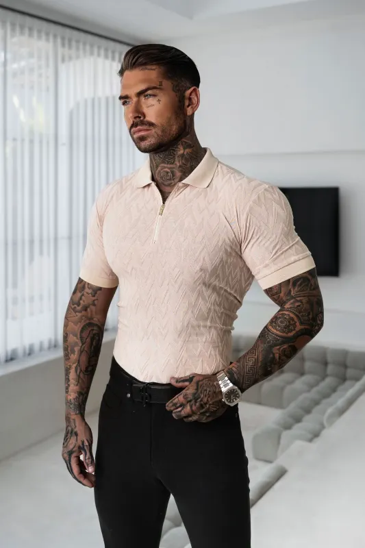Classic Jacquard Beige Chevron Zipped Polo - FSR023 made by Father Sons