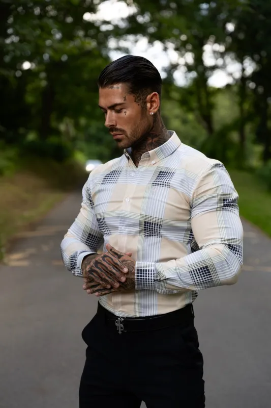 Super Slim Stretch Navy and White Printed Check Long Sleeve made by Father Sons