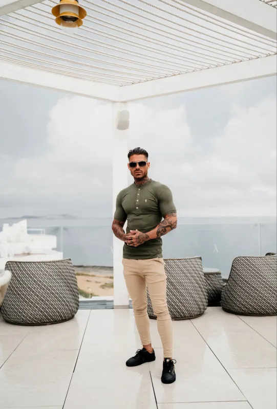 Classic Khaki and Gold Grandad Polo Shirt With Pocket - FSH829 made by Father Sons
