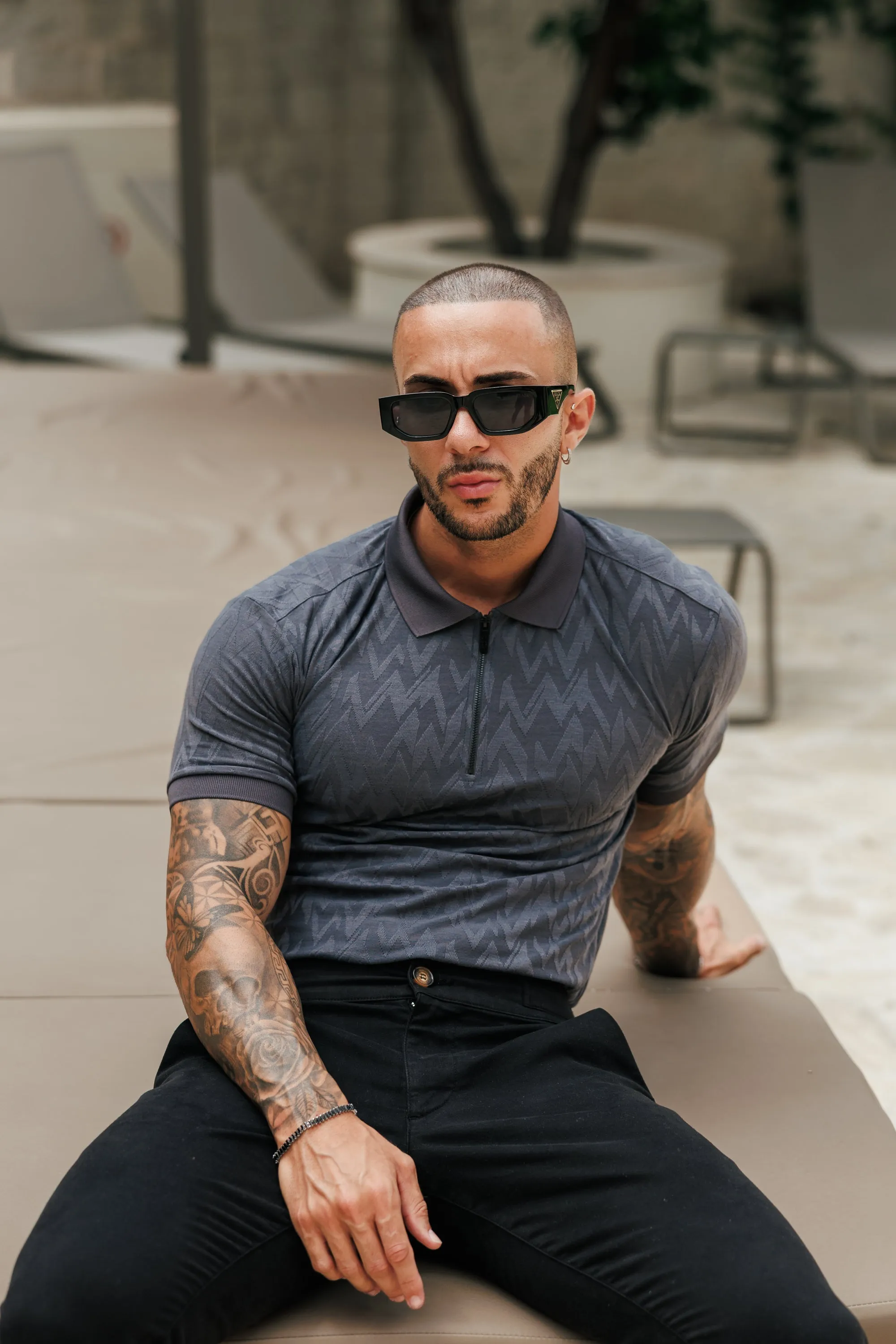 Classic Jacquard Charcoal Chevron Zipped Polo - FSR059 sold by Father Sons product image thumbnail 4