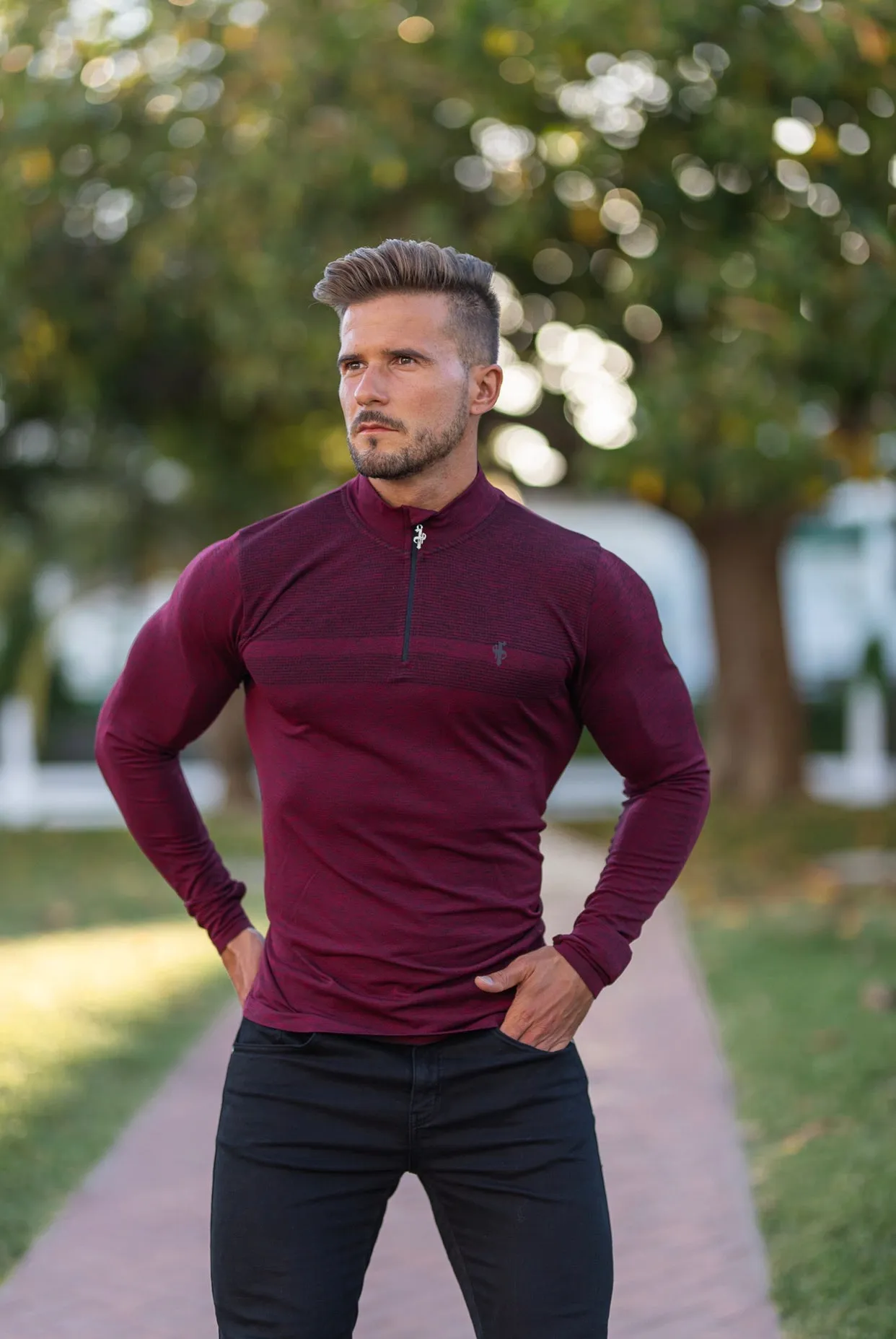 Long sleeve Burgundy / Black half zip gym top sold by Father Sons