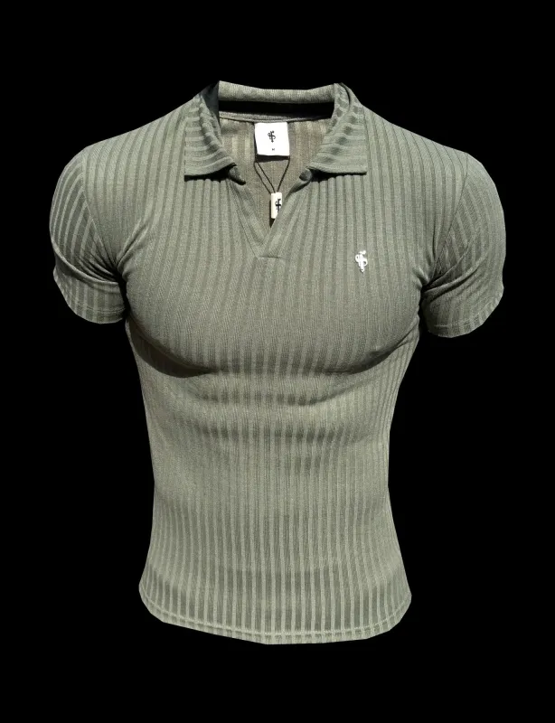 Olive / Silver Ribbed Revere Short Sleeve Polo Shirt - FSH1466 made by Father Sons