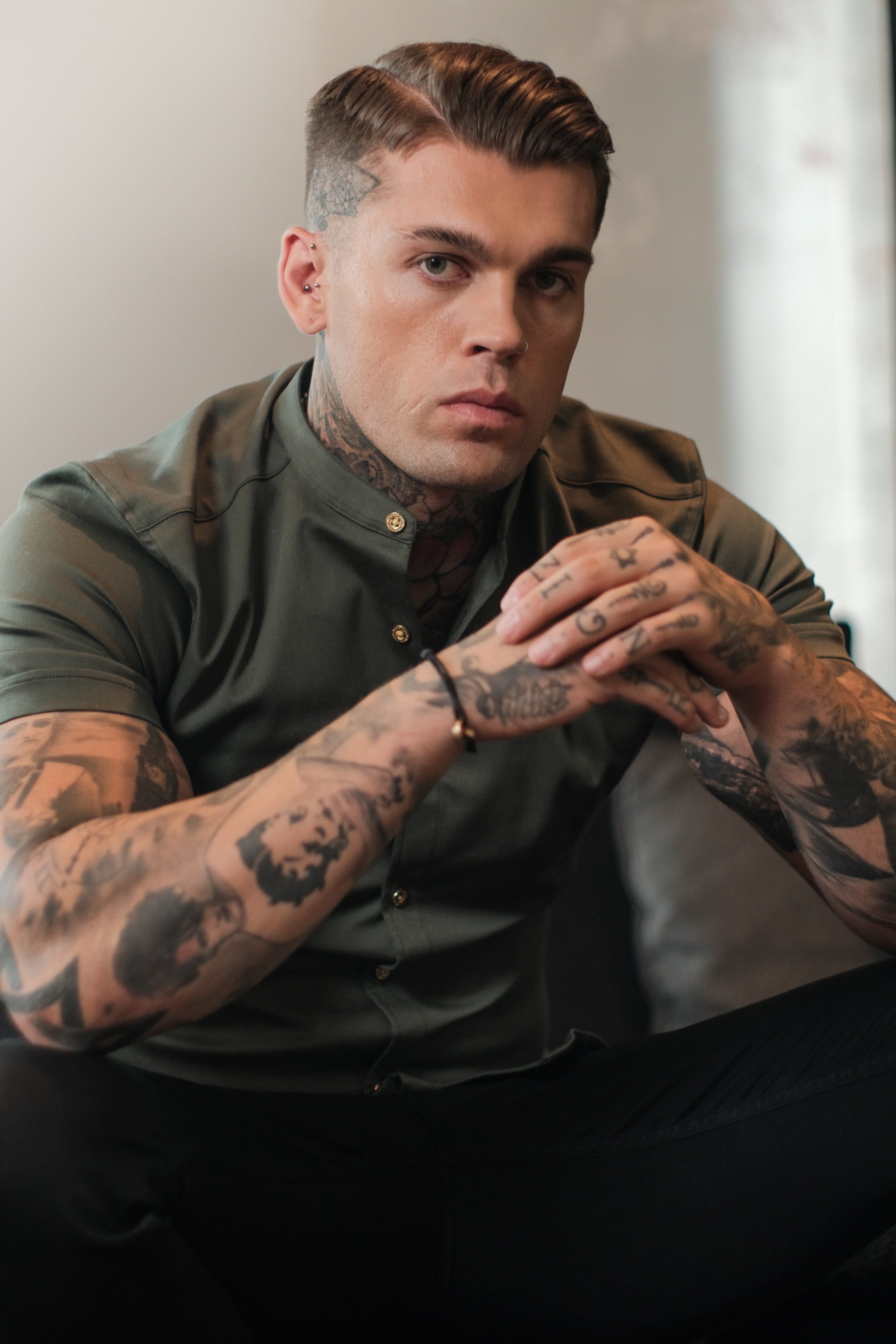 Father Sons Super Slim Stretch Khaki Denim Short Sleeve Grandad collar with Metal Buttons and Decal Emblem - FS716 sold by Father Sons product image thumbnail 2