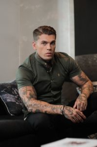 Father Sons Super Slim Stretch Khaki Denim Short Sleeve Grandad collar with Metal Buttons and Decal Emblem - FS716 sold by Father Sons