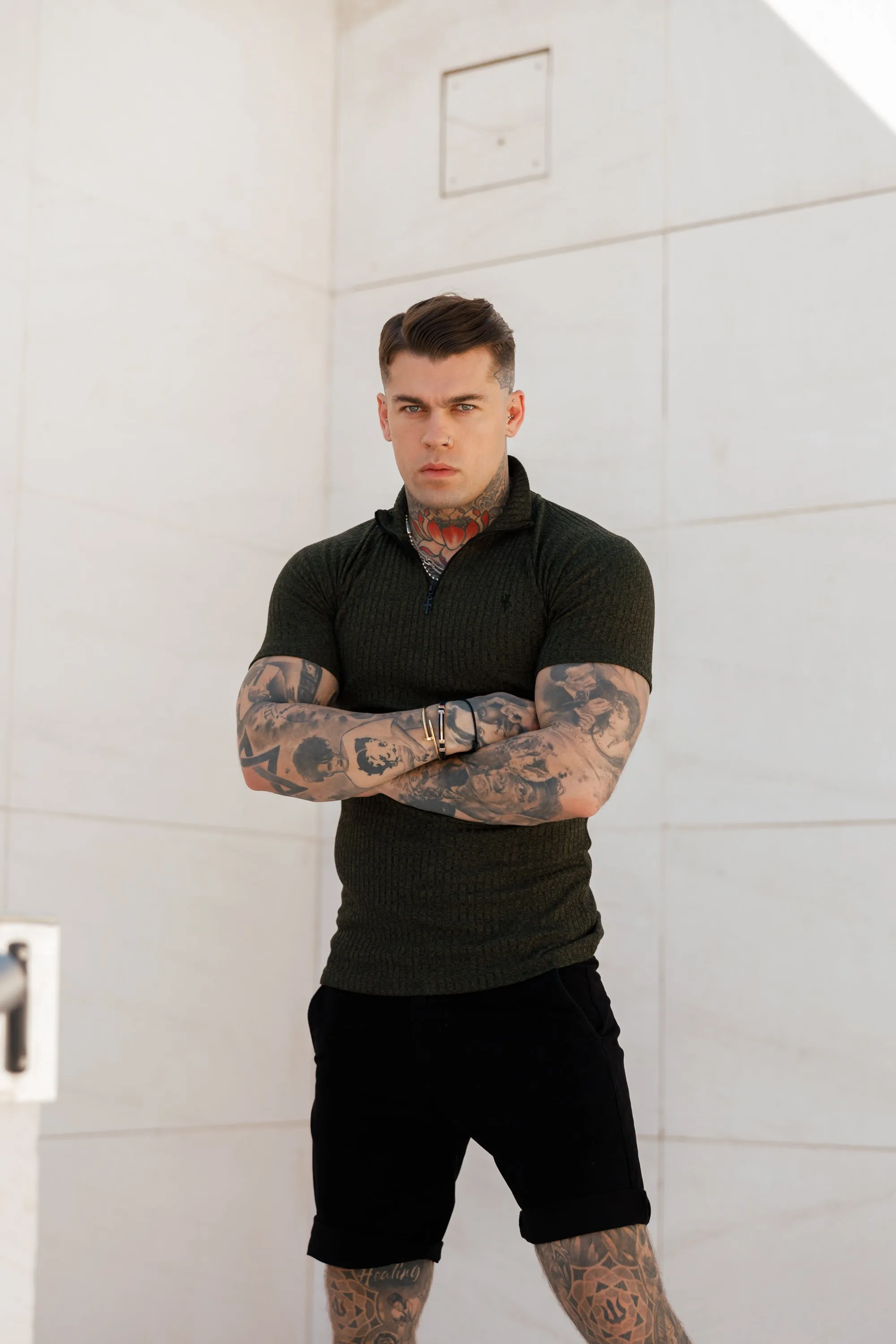 Father Sons Classic Khaki Ribbed Zip Funnel Neck Raglan Short Sleeve Crew - FSH731 sold by Father Sons product image thumbnail 3