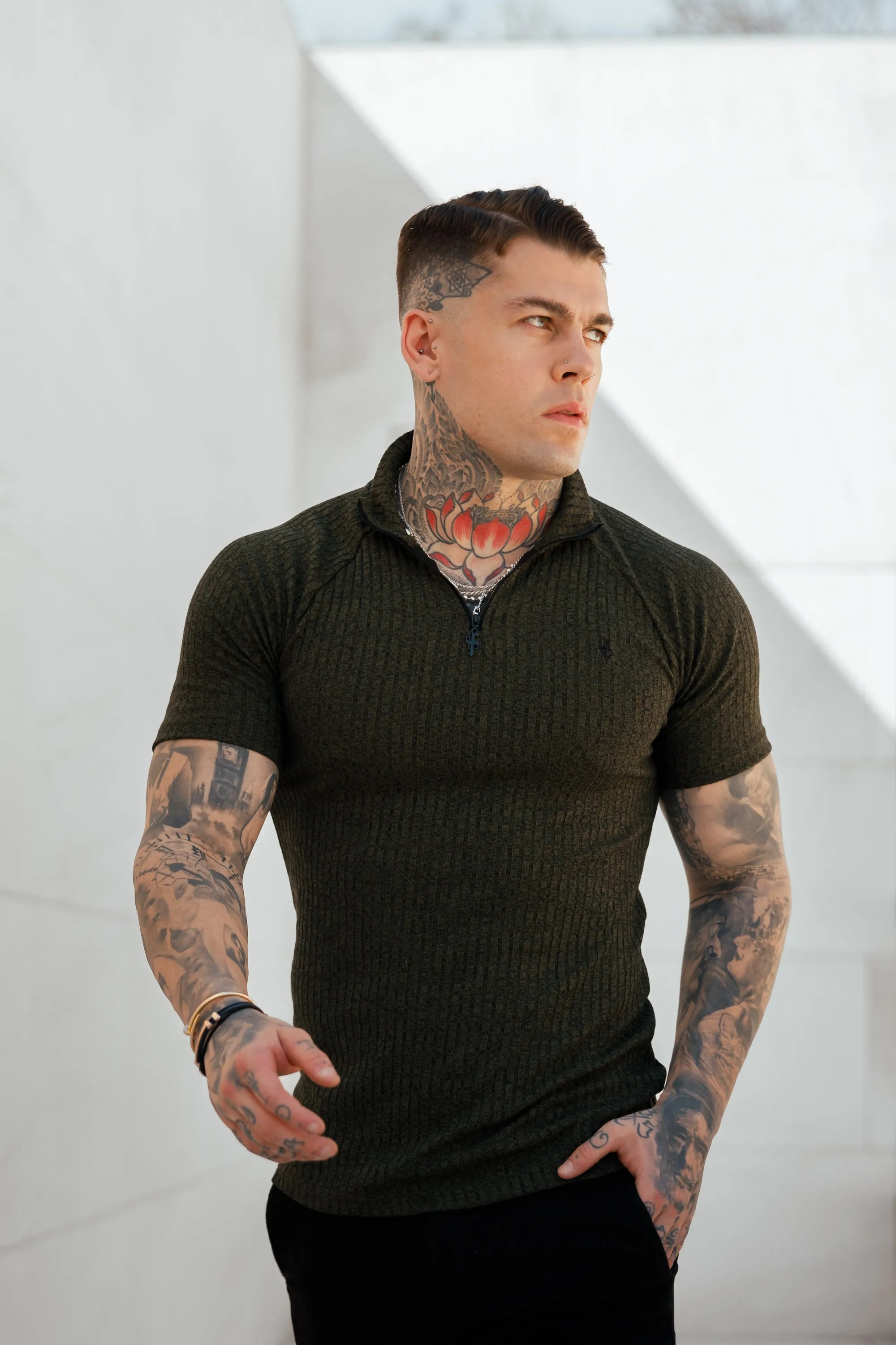 Father Sons Classic Khaki Ribbed Zip Funnel Neck Raglan Short Sleeve Crew - FSH731 sold by Father Sons