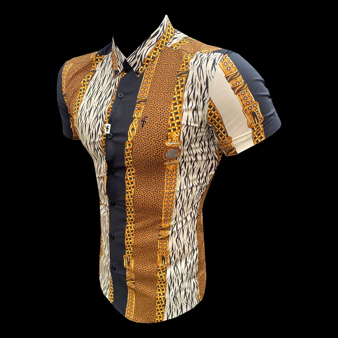 Super Slim Stretch Black Animal Chain Print Short Sleeve with Button Down Collar - FS815 sold by Father Sons