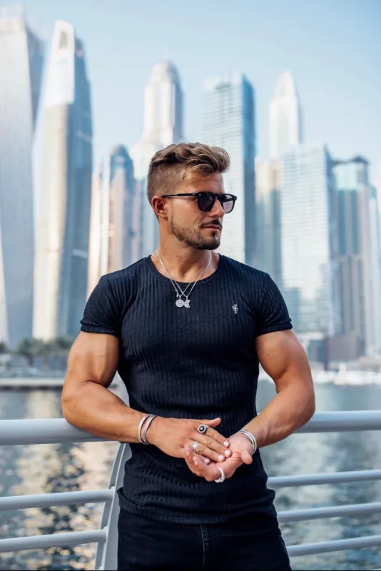 Father Sons Classic Black Ribbed Knit Super Slim Short Sleeve Crew - FSH241 sold by Father Sons