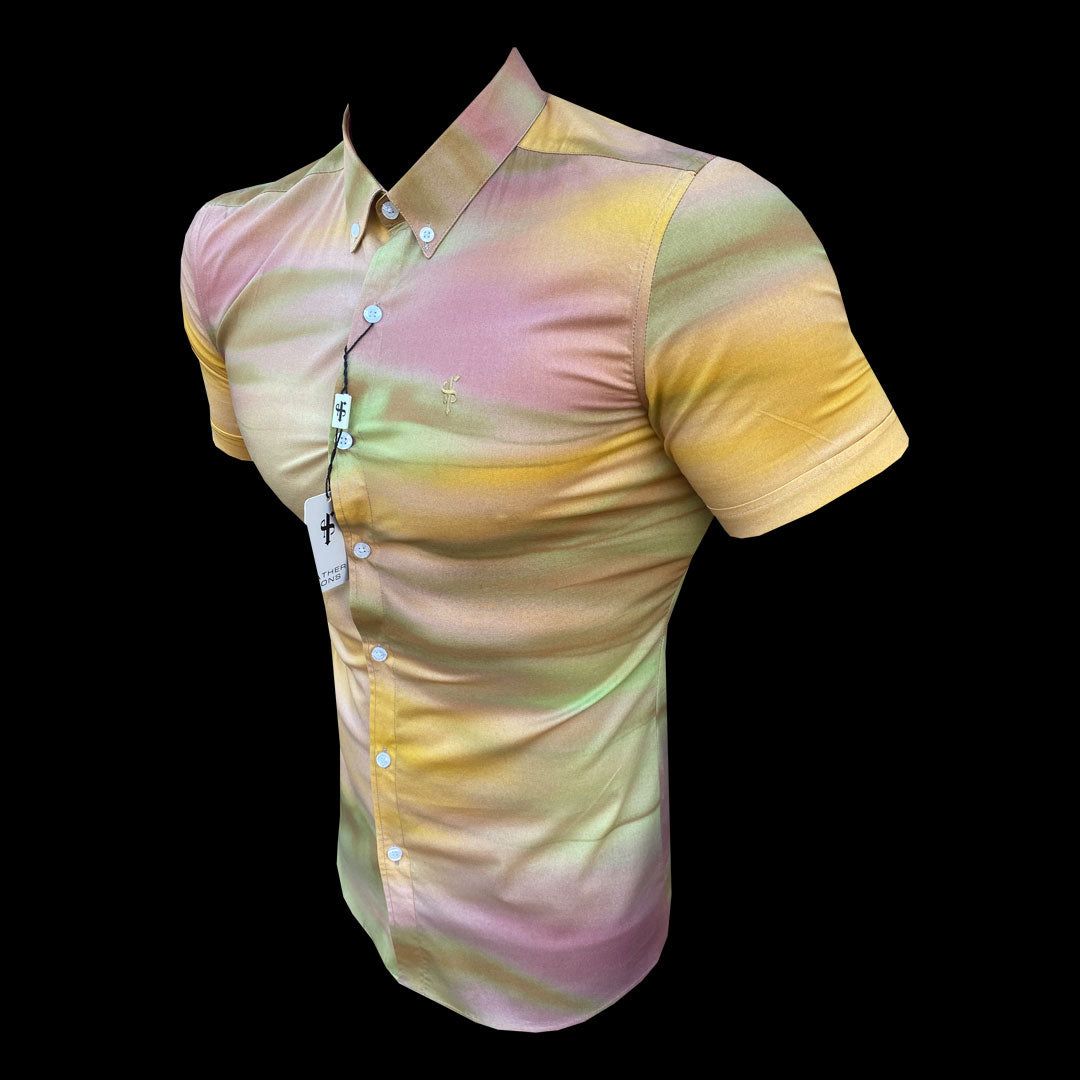 Father Sons Super Slim Stretch Multi Water Colour Print Short Sleeve with Button Down Collar - FS835 / FS951 sold by Father Sons