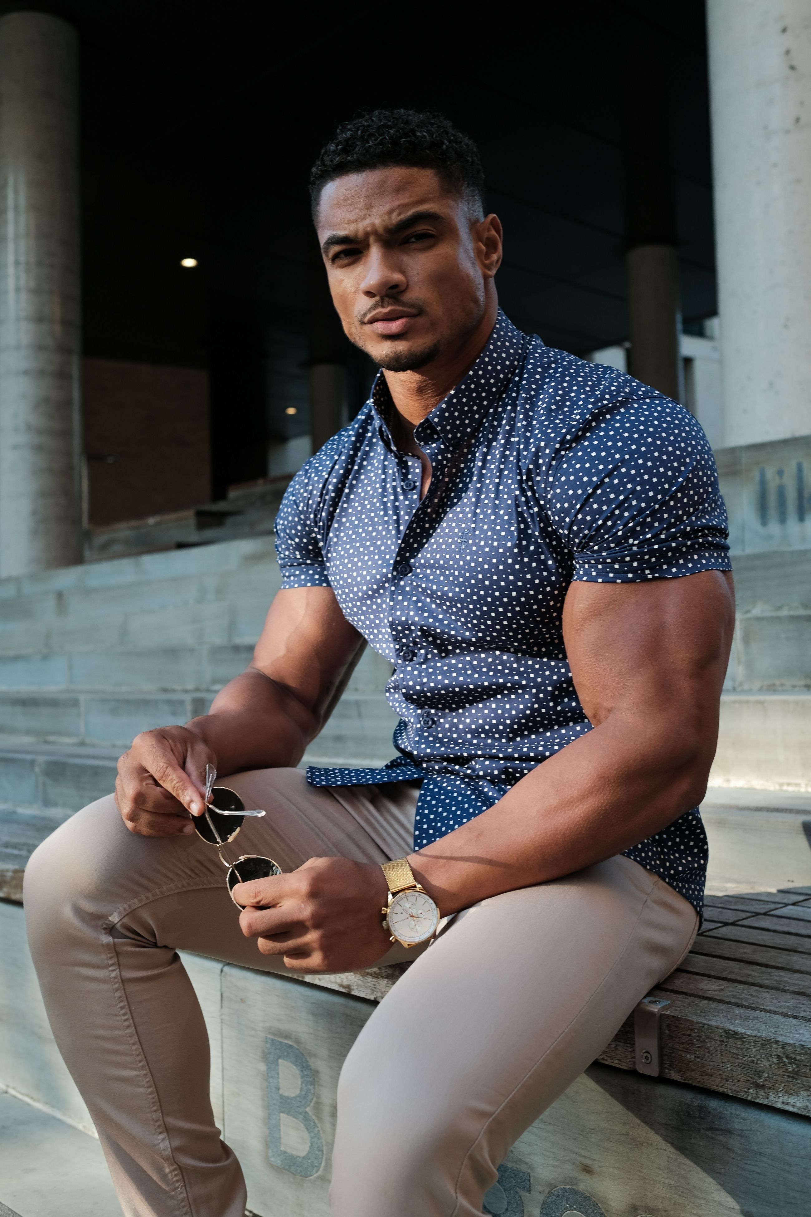 Father Sons Super Slim Stretch Blue & White Multi Square Print Short Sleeve - FS696 sold by Father Sons