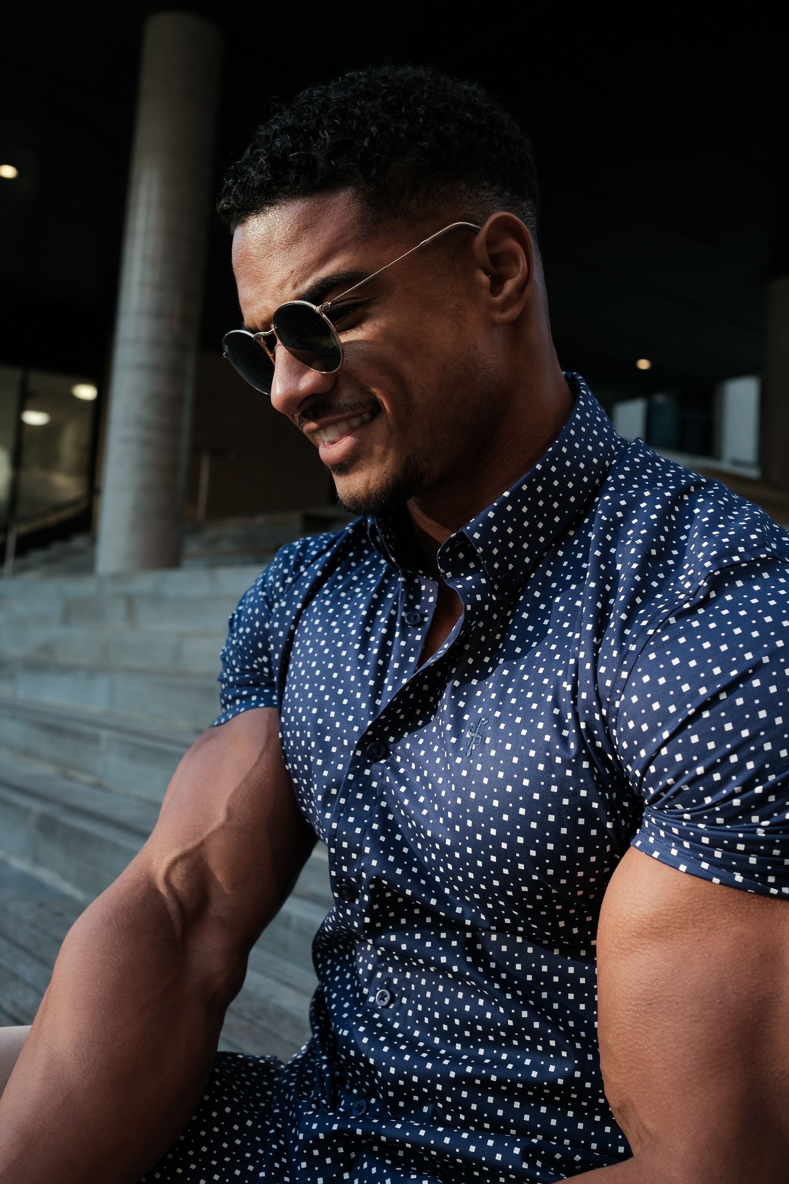 Father Sons Super Slim Stretch Blue & White Multi Square Print Short Sleeve - FS696 sold by Father Sons product image thumbnail 3