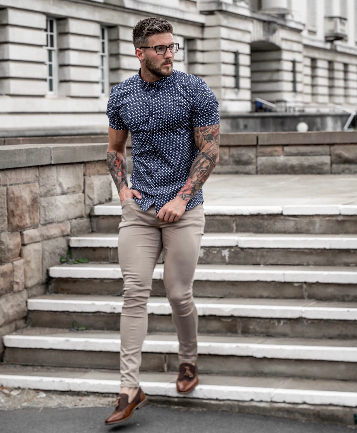 Father Sons Super Slim Stretch Blue & White Multi Square Print Short Sleeve - FS696 sold by Father Sons product image thumbnail 4