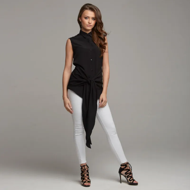 QUINN BLACK TIE FRONT SLEEVELESS SHIRT - CT028 sold by Father Sons