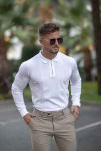 Father Sons Classic White and Gold Zip Knitted Polo Shirt  Long Sleeve - FSN125 sold by Father Sons