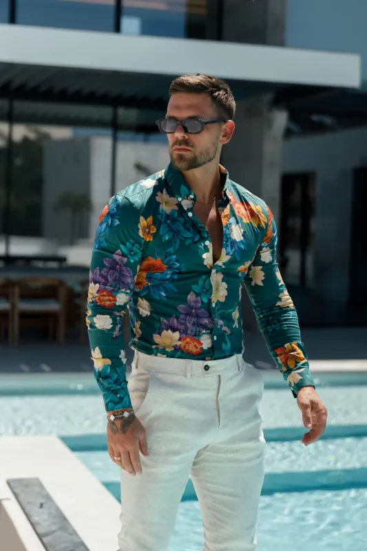 Super Slim Stretch LS Green Vibrant Floral Print Button Down Collar - FS1105 sold by Father Sons