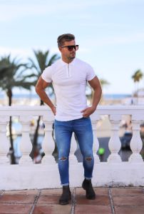 Father Sons Slim Stretch Ultra Tapered Ankle Ripped Light Blue Jeans - FSM012 (LAST CHANCE) sold by Father Sons