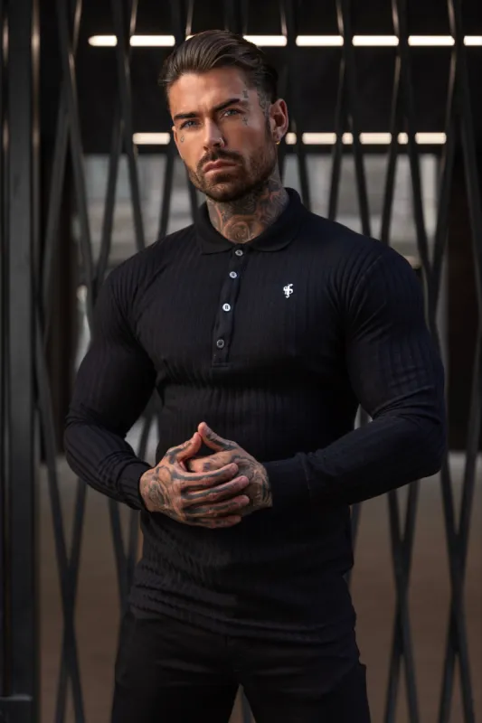 Classic Black Ribbed Polo Shirt Long Sleeve With Silver Decal - FSH967 sold by Father Sons