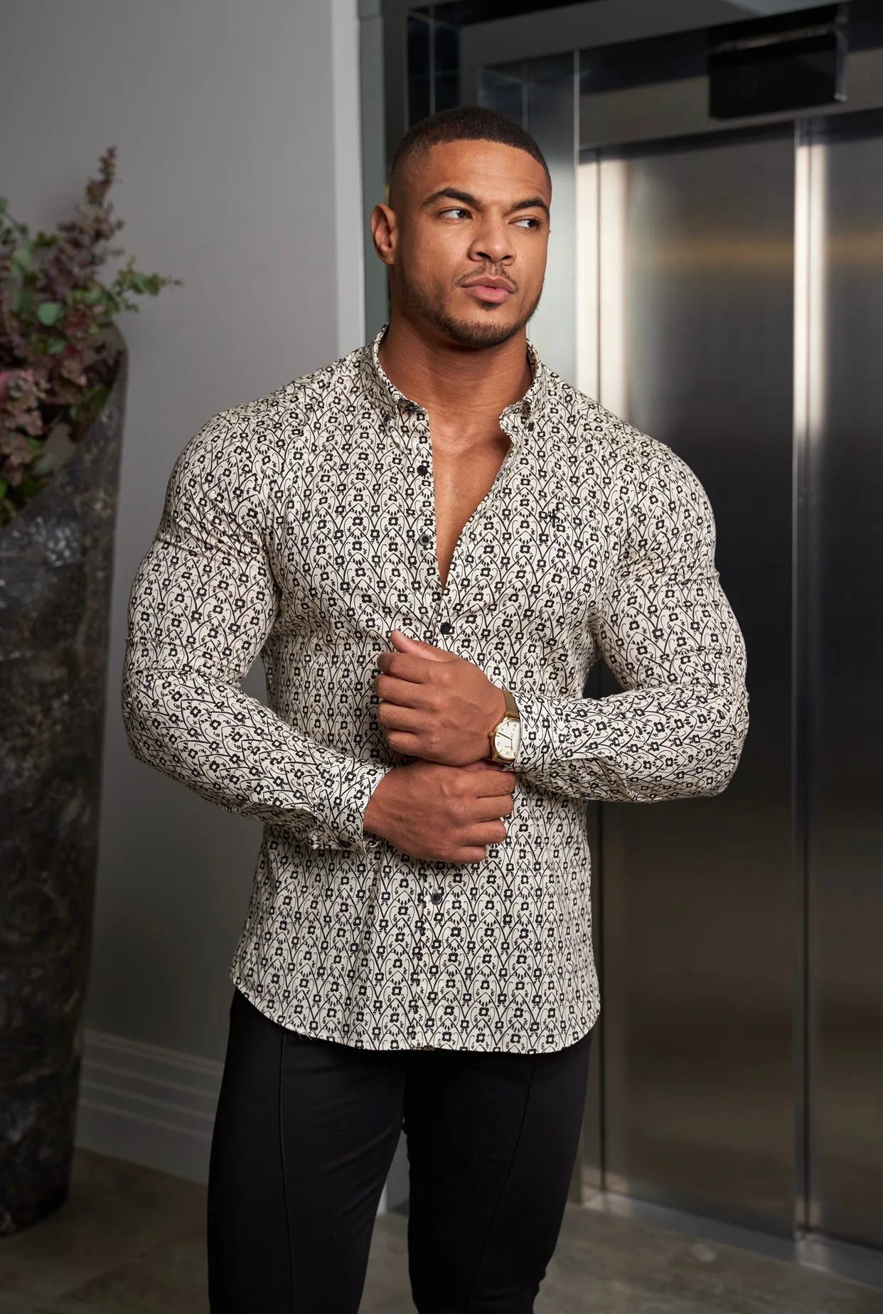 Father Sons Super Slim Stretch Ecru / Black Geo Flower Print Long Sleeve with Button Down Collar - FS794 sold by Father Sons product image thumbnail 5