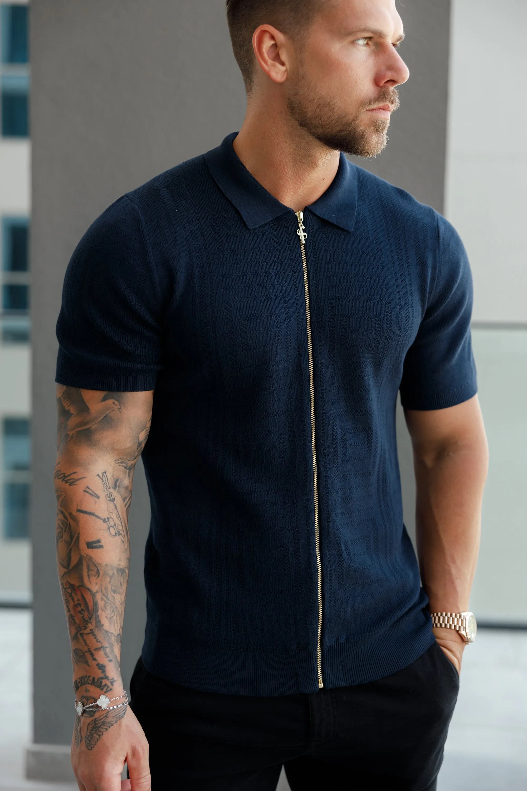 Father Sons Classic Knitted Geo Design With Full Length Zip Navy Short Sleeve - FSN149 sold by Father Sons