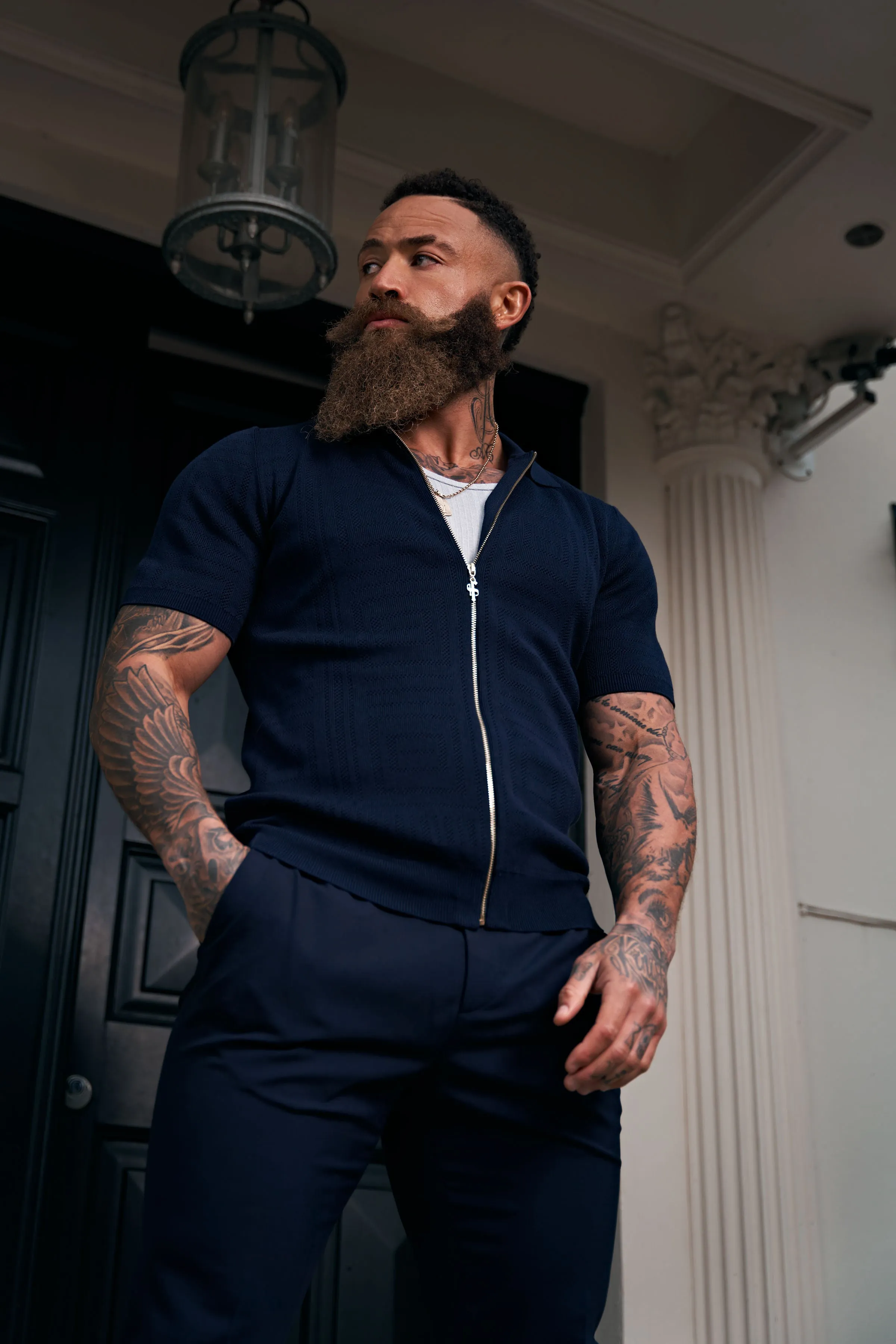 Father Sons Classic Knitted Geo Design With Full Length Zip Navy Short Sleeve - FSN149 sold by Father Sons product image thumbnail 5