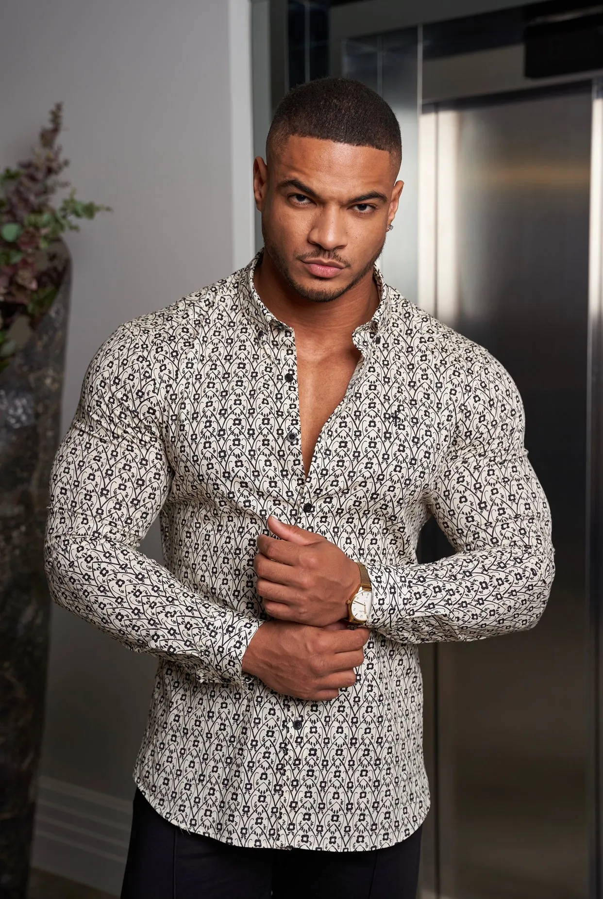 Father Sons Super Slim Stretch Ecru / Black Geo Flower Print Long Sleeve with Button Down Collar - FS794 sold by Father Sons product image thumbnail 2